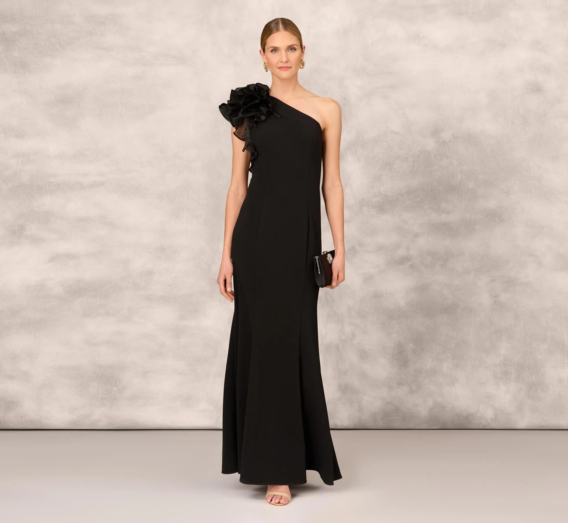 One Shoulder Mermaid Dress With Organza Sleeve In Black sold by Adrianna Papell product image thumbnail 2