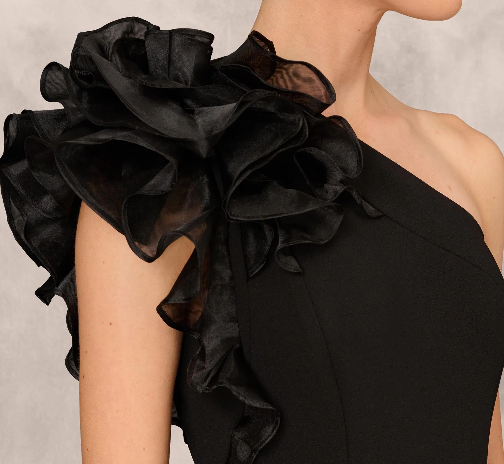 One Shoulder Mermaid Dress With Organza Sleeve In Black sold by Adrianna Papell product image thumbnail 5