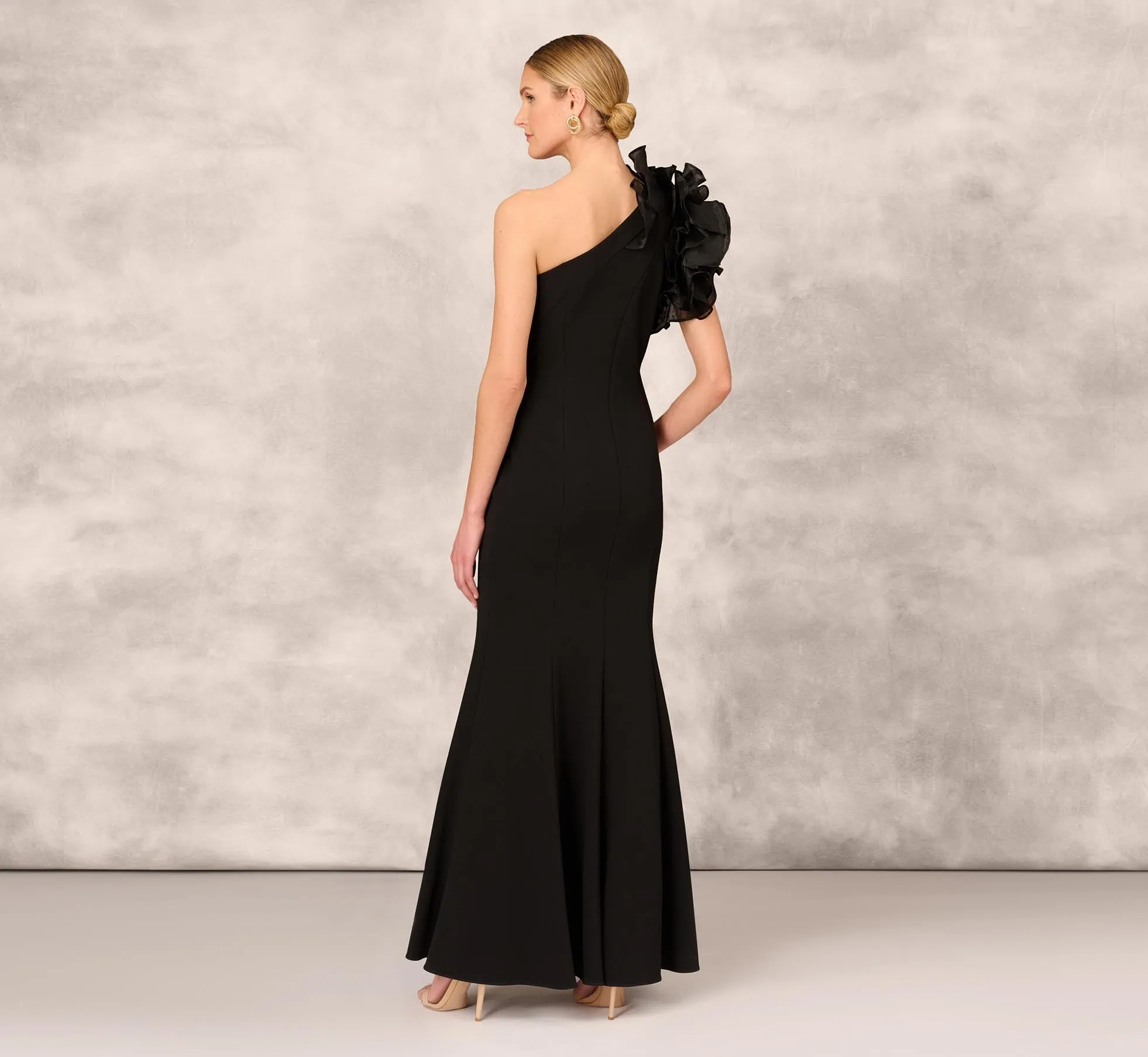 One Shoulder Mermaid Dress With Organza Sleeve In Black sold by Adrianna Papell product image thumbnail 3