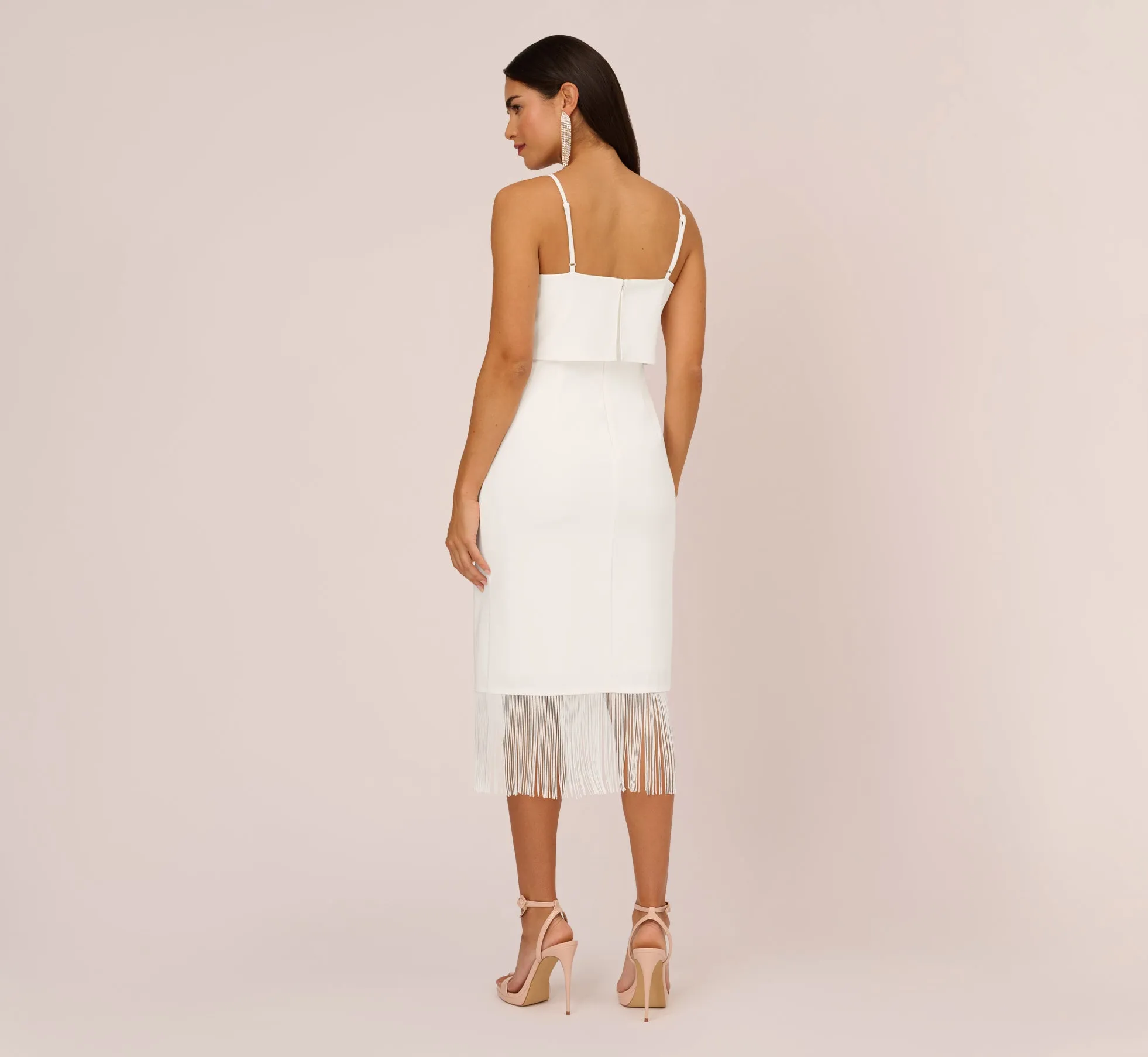 Crepe Popover Midi Dress With Fringe Trim In Ivory sold by Adrianna Papell product image thumbnail 4