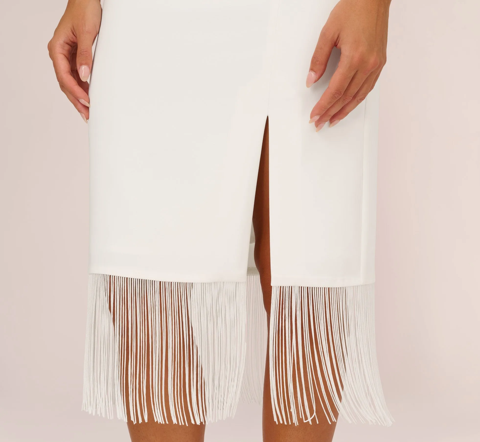 Crepe Popover Midi Dress With Fringe Trim In Ivory sold by Adrianna Papell product image thumbnail 5