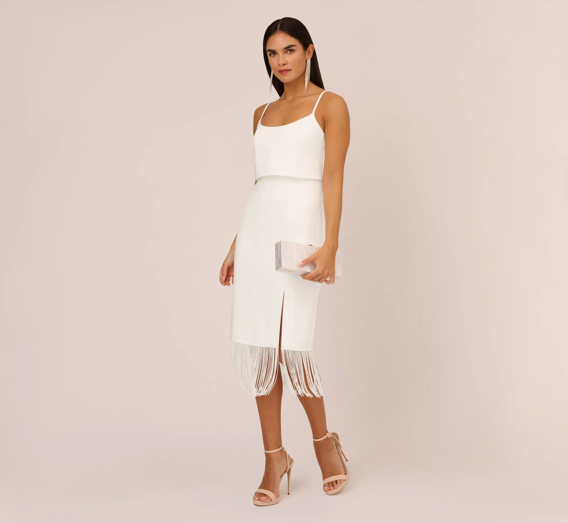 Crepe Popover Midi Dress With Fringe Trim In Ivory sold by Adrianna Papell product image thumbnail 2