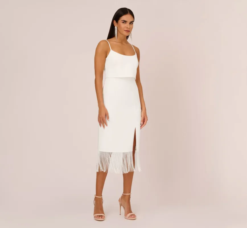 Crepe Popover Midi Dress With Fringe Trim In Ivory sold by Adrianna Papell