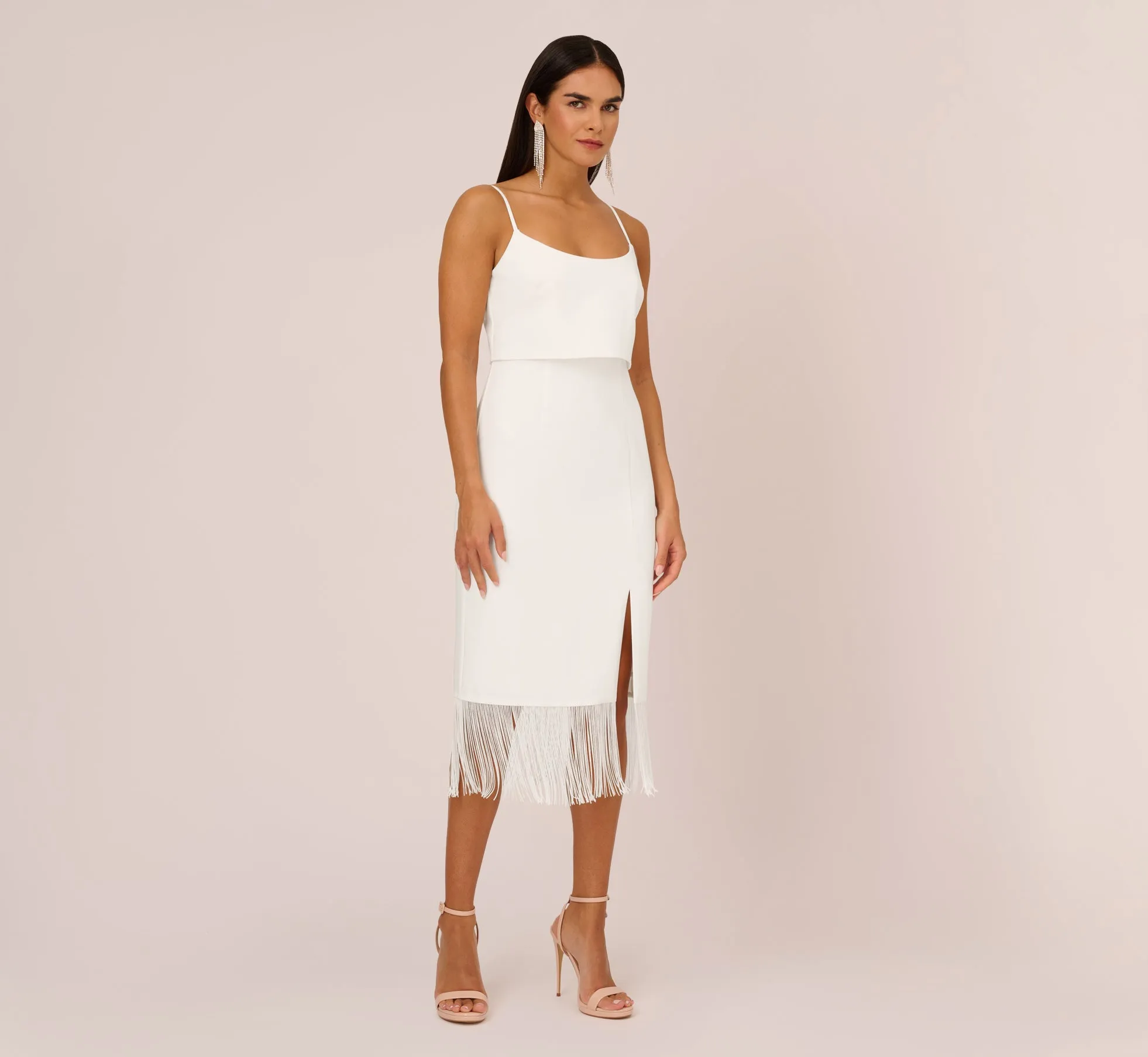 Crepe Popover Midi Dress With Fringe Trim In Ivory sold by Adrianna Papell