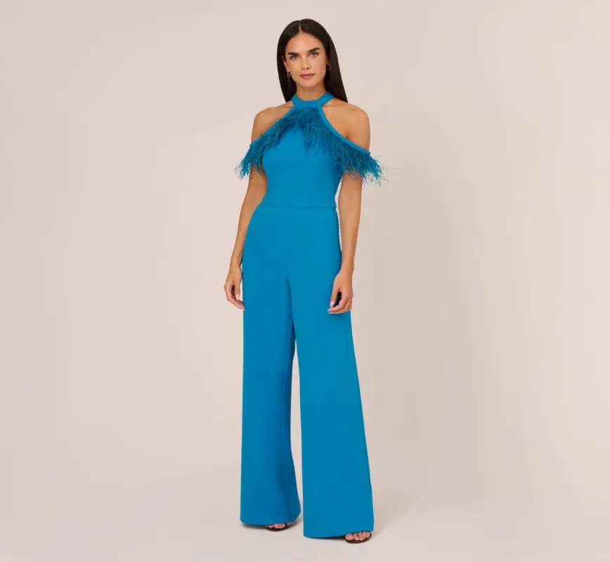 Cold Shoulder Stretch Crepe Jumpsuit With Feather Trim In Deep Cerulean made by Adrianna Papell