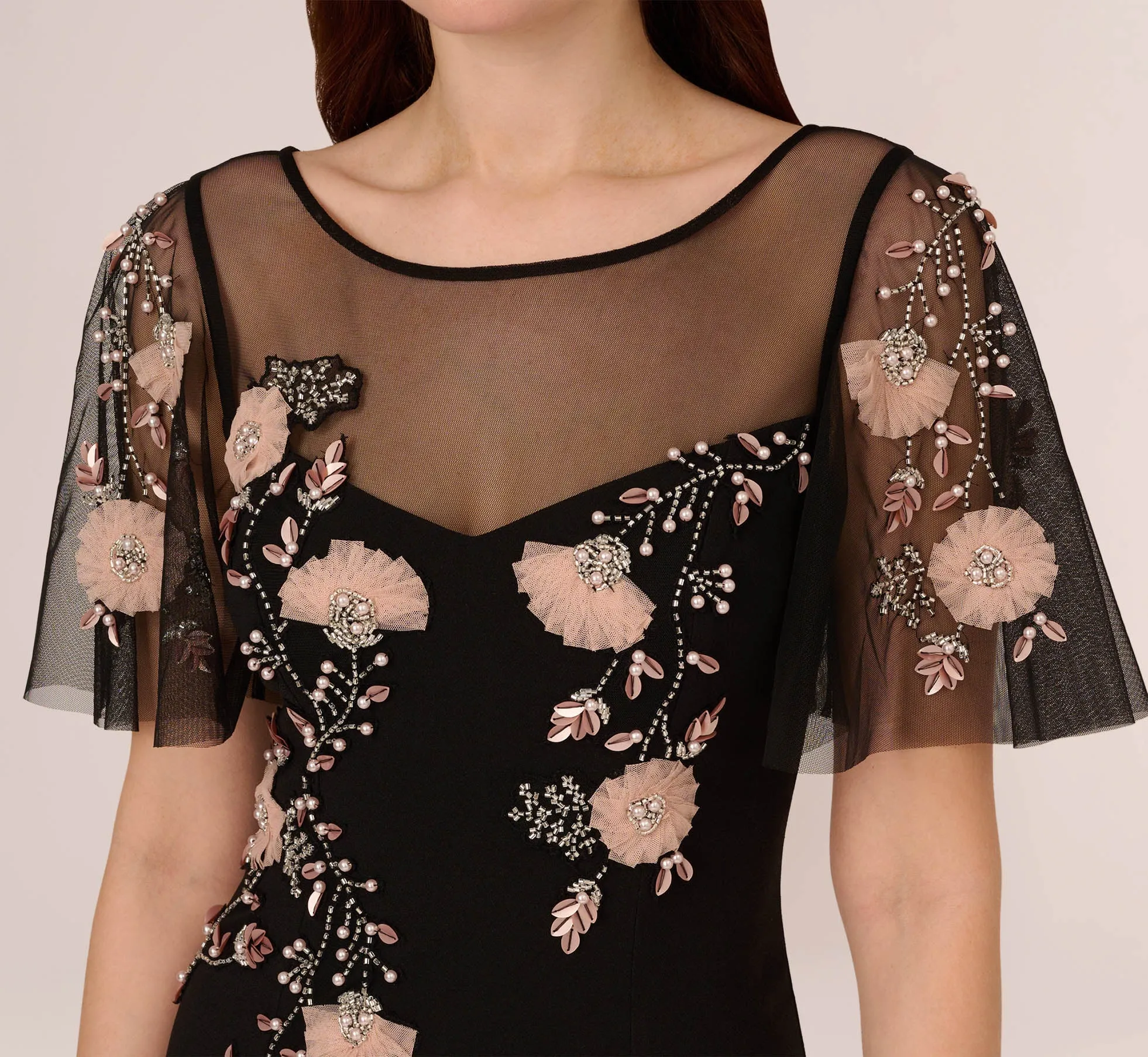 Flutter Sleeve Crepe Gown With Floral Sequin Beading In Black Blush Multi sold by Adrianna Papell product image thumbnail 3