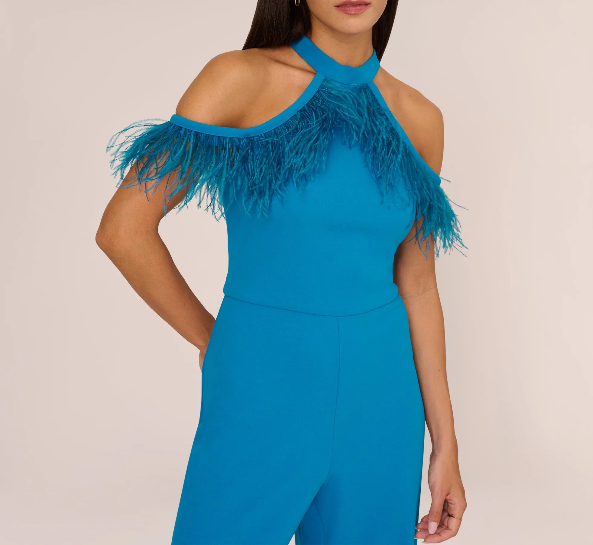 Cold Shoulder Stretch Crepe Jumpsuit With Feather Trim In Deep Cerulean sold by Adrianna Papell product image thumbnail 4