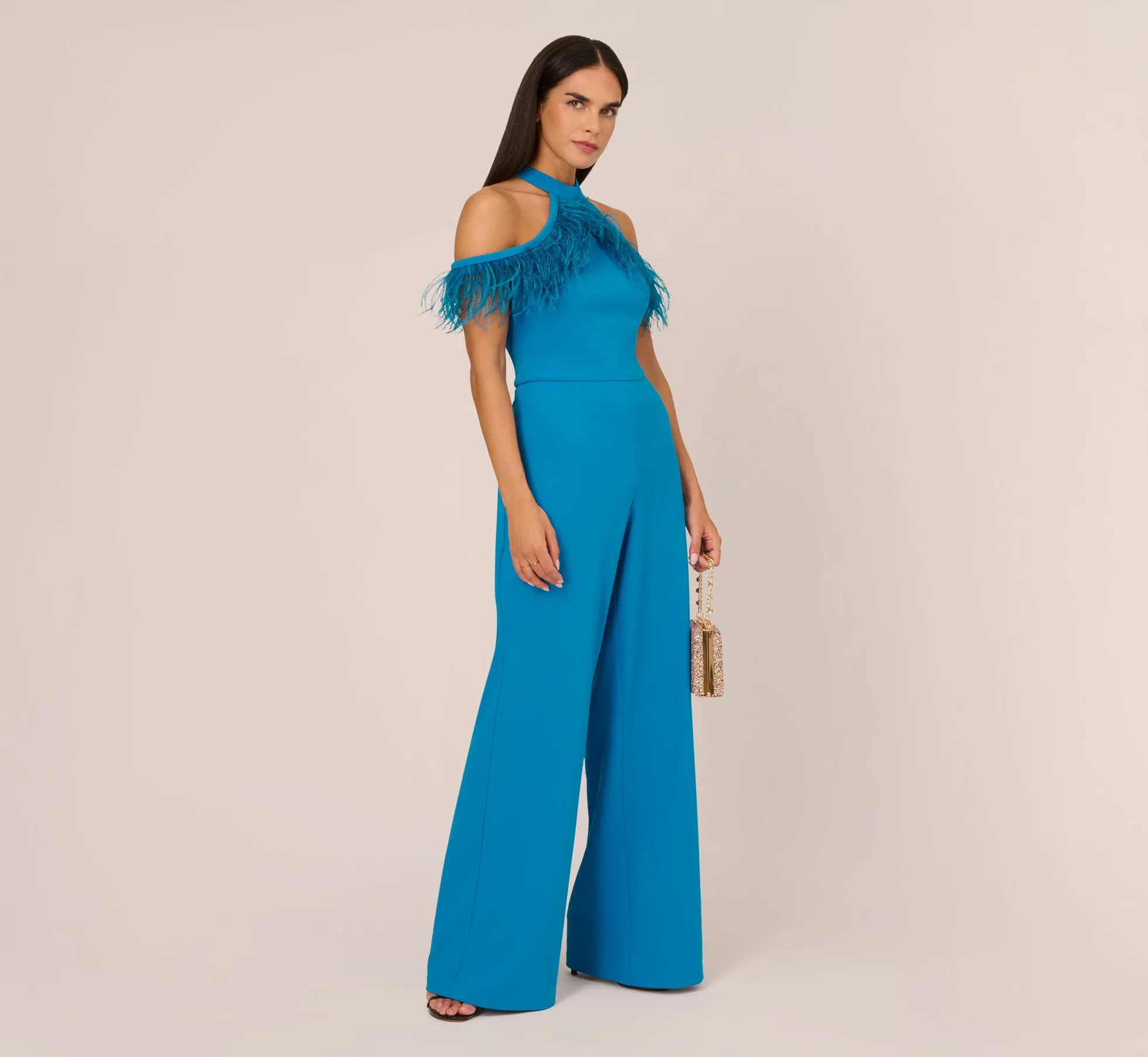 Cold Shoulder Stretch Crepe Jumpsuit With Feather Trim In Deep Cerulean sold by Adrianna Papell product image thumbnail 2