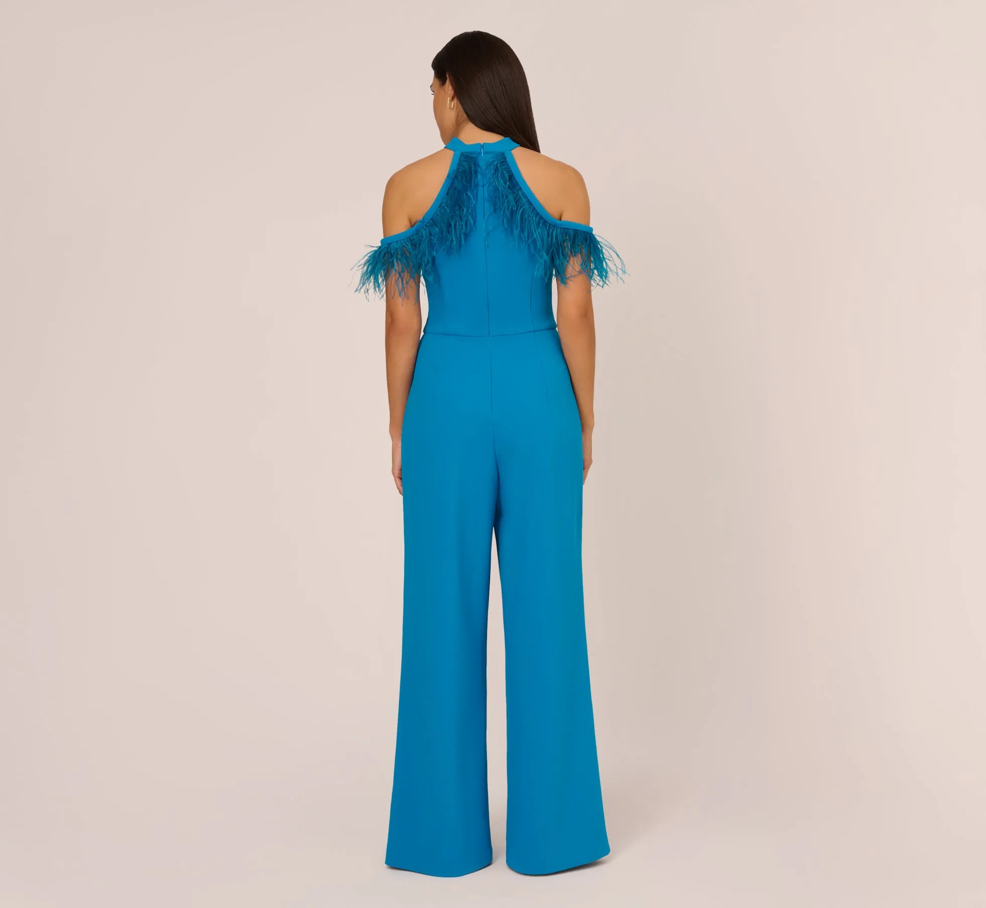 Cold Shoulder Stretch Crepe Jumpsuit With Feather Trim In Deep Cerulean sold by Adrianna Papell product image thumbnail 5