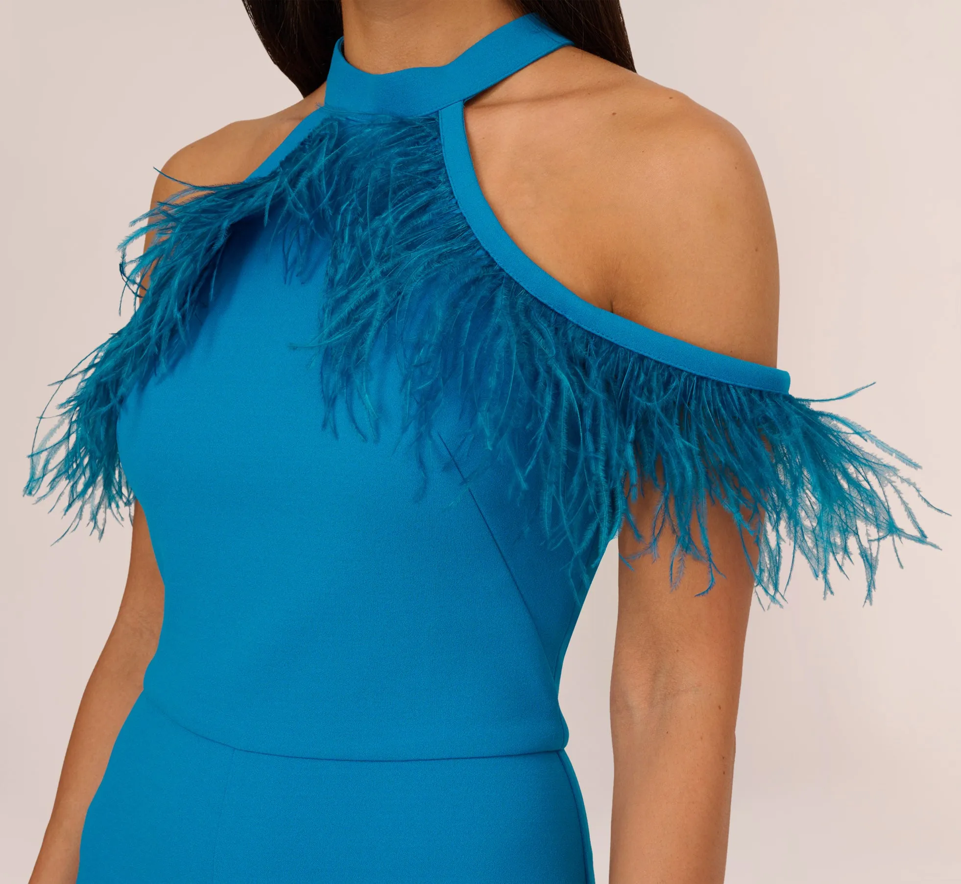Cold Shoulder Stretch Crepe Jumpsuit With Feather Trim In Deep Cerulean sold by Adrianna Papell product image thumbnail 3