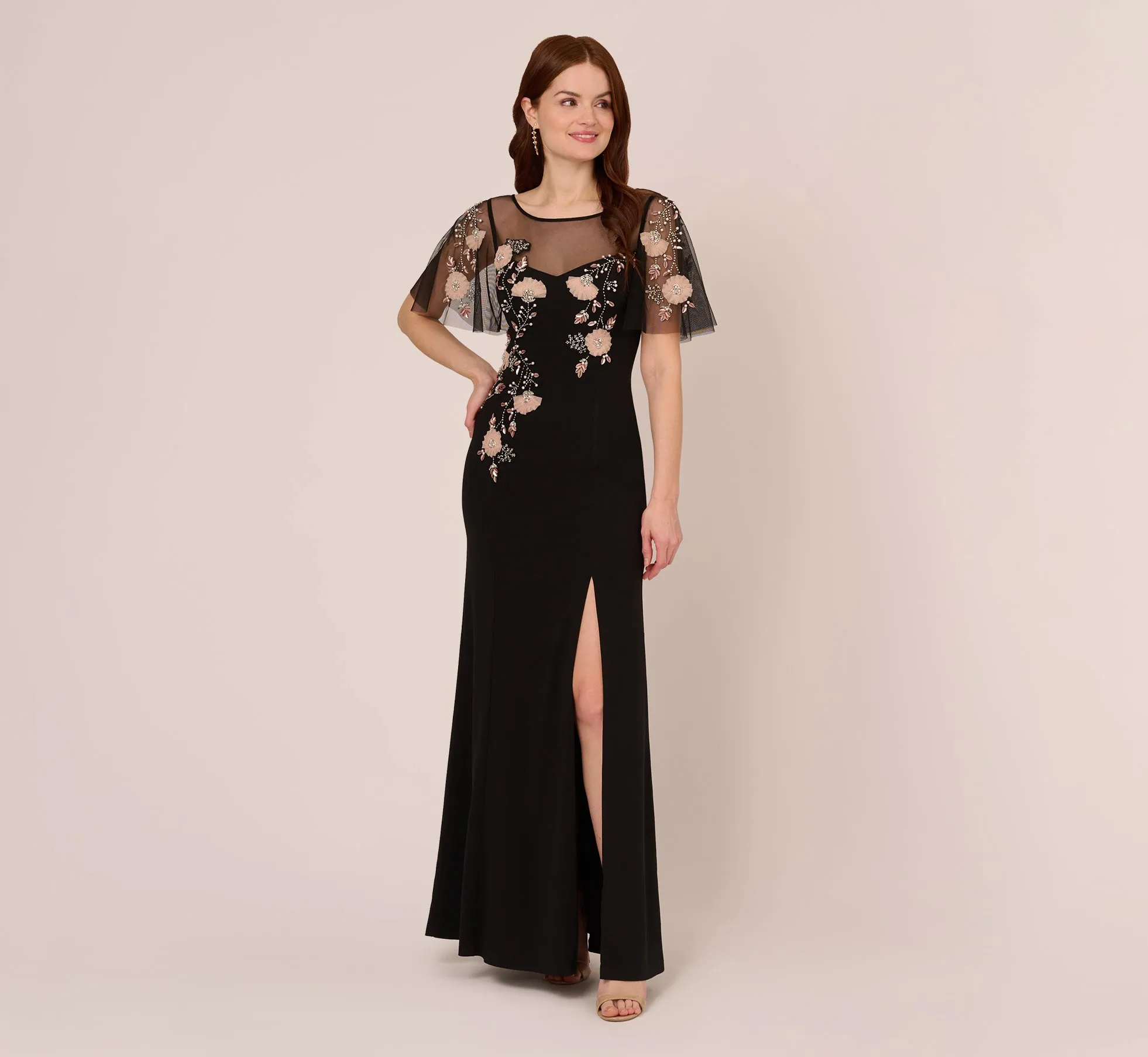 Flutter Sleeve Crepe Gown With Floral Sequin Beading In Black Blush Multi sold by Adrianna Papell