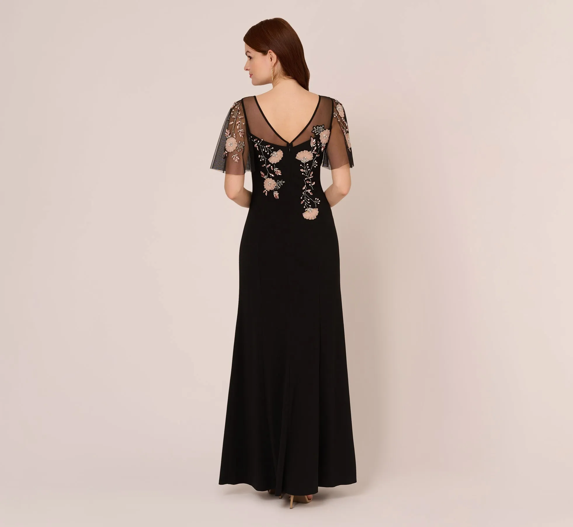 Flutter Sleeve Crepe Gown With Floral Sequin Beading In Black Blush Multi sold by Adrianna Papell product image thumbnail 4