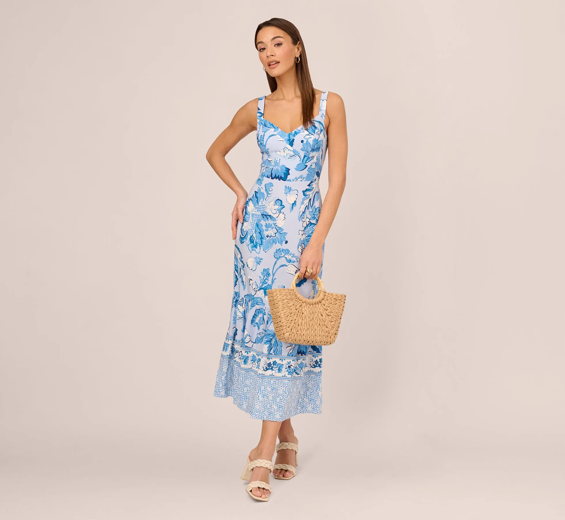 Floral Print Ankle Length Dress With Flounce Skirt In Light Blue Multi sold by Adrianna Papell product image thumbnail 3