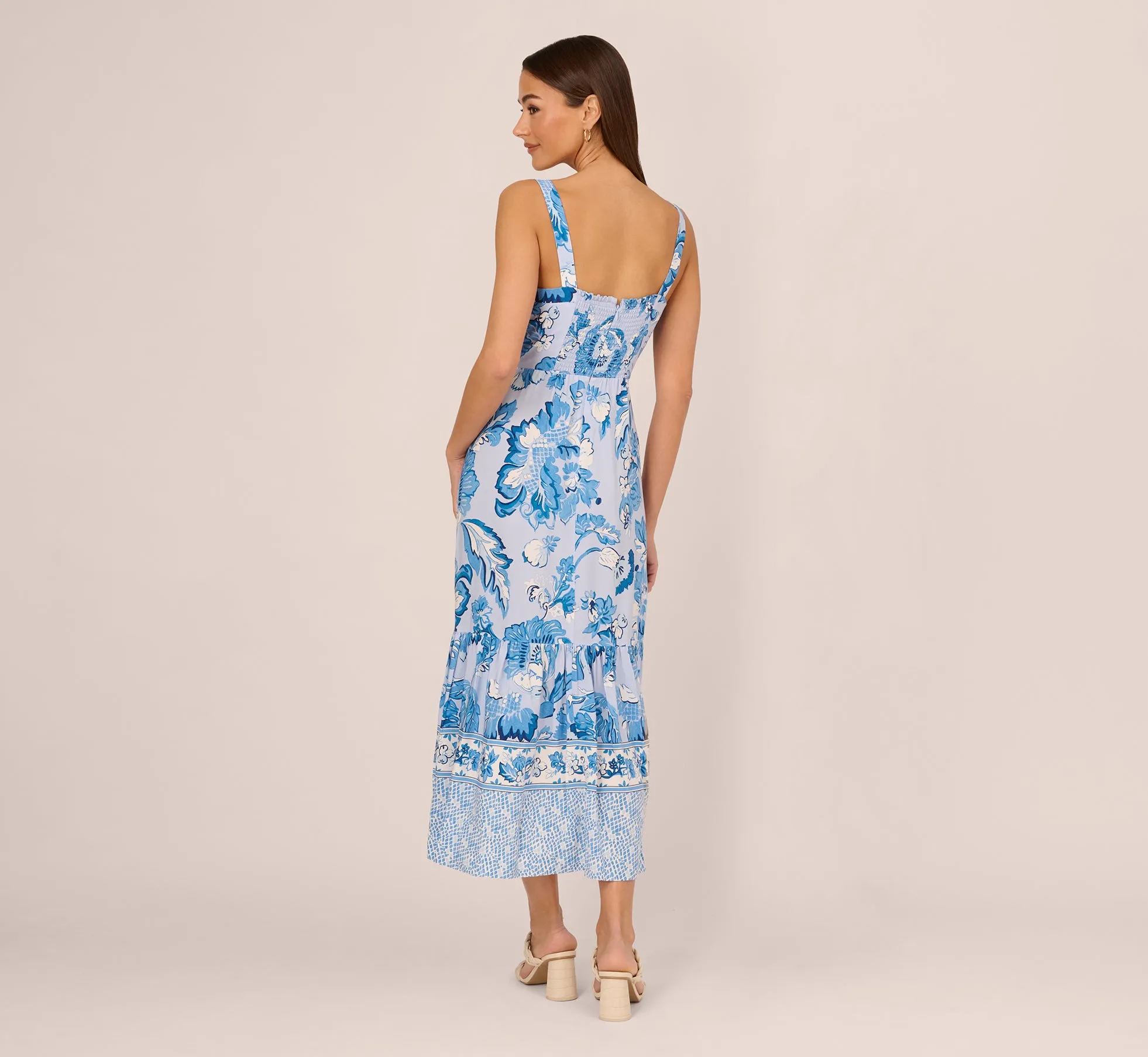 Floral Print Ankle Length Dress With Flounce Skirt In Light Blue Multi sold by Adrianna Papell product image thumbnail 5