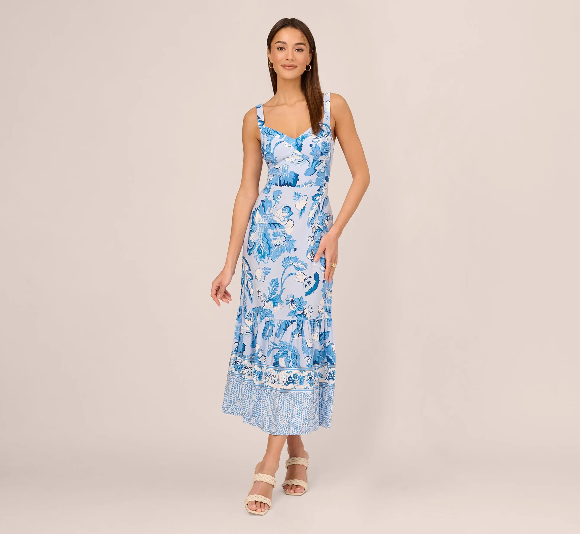 Floral Print Ankle Length Dress With Flounce Skirt In Light Blue Multi sold by Adrianna Papell product image thumbnail 2