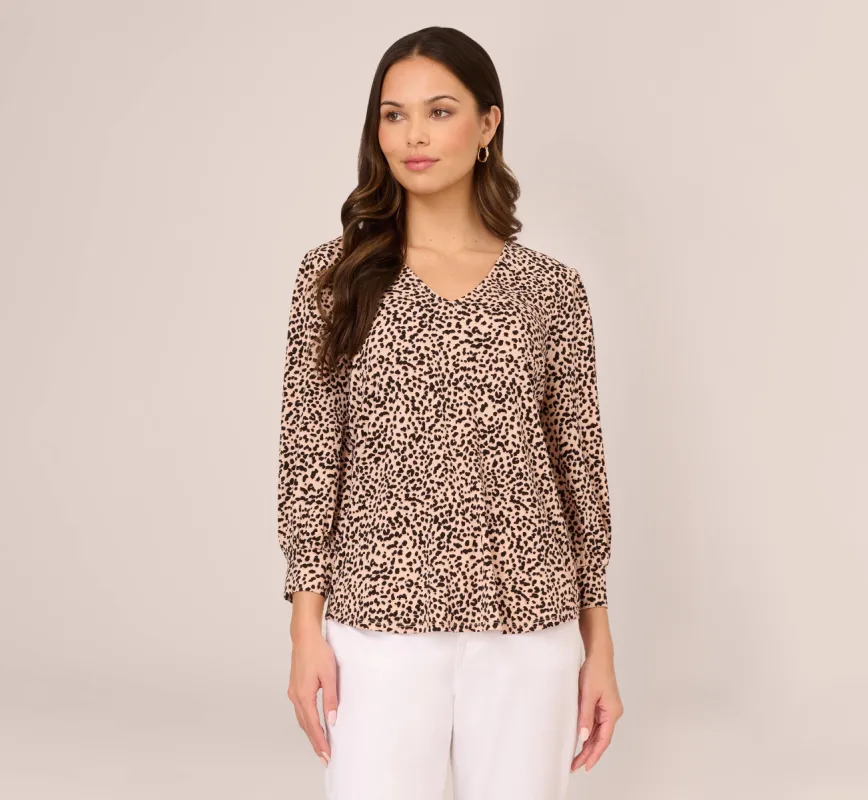 Printed V Neck Top With Cuffed Three Quarter Sleeves In Tan Shadow Leopard sold by Adrianna Papell