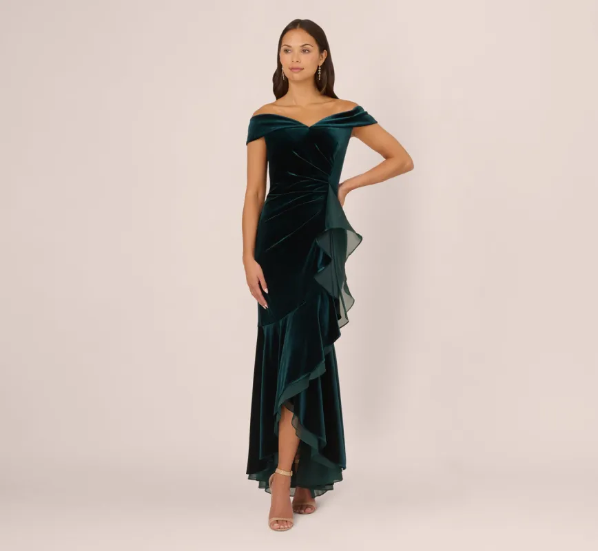 Off The Shoulder Velvet Mermaid Gown With Organza Ruffle In Hunter sold by Adrianna Papell