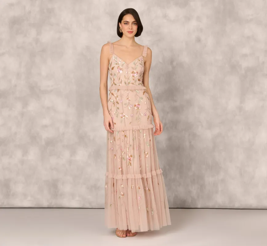 Floral Beaded Tiered Gown With Ruffle Details In Pink Multi sold by Adrianna Papell