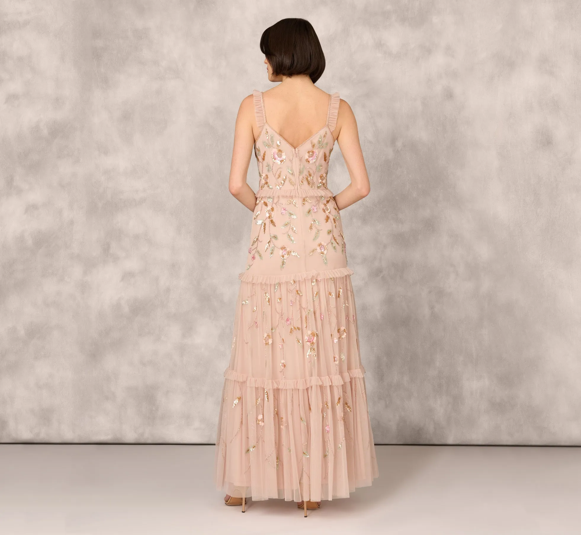 Floral Beaded Tiered Gown With Ruffle Details In Pink Multi sold by Adrianna Papell product image thumbnail 4