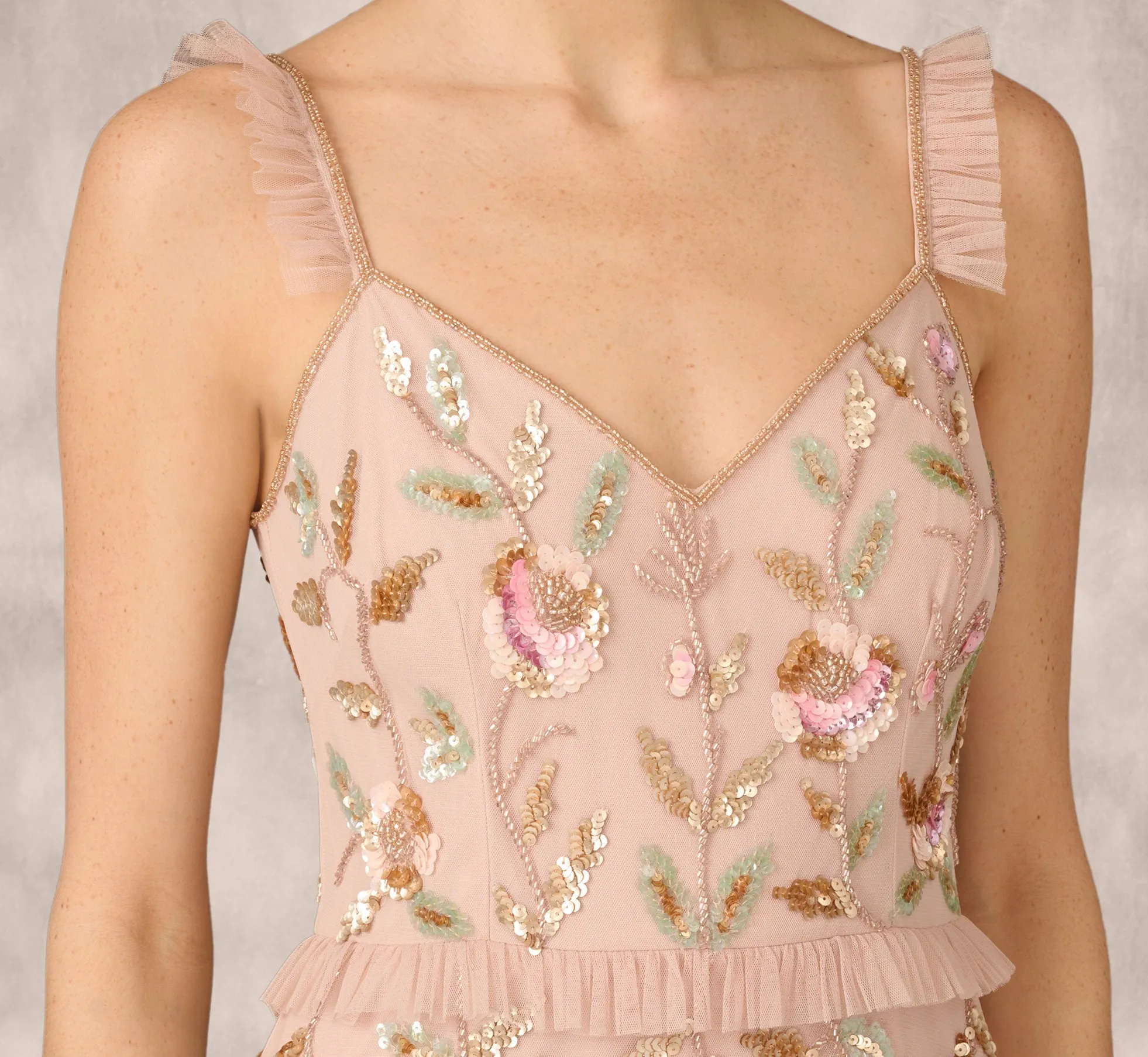 Floral Beaded Tiered Gown With Ruffle Details In Pink Multi sold by Adrianna Papell product image thumbnail 3