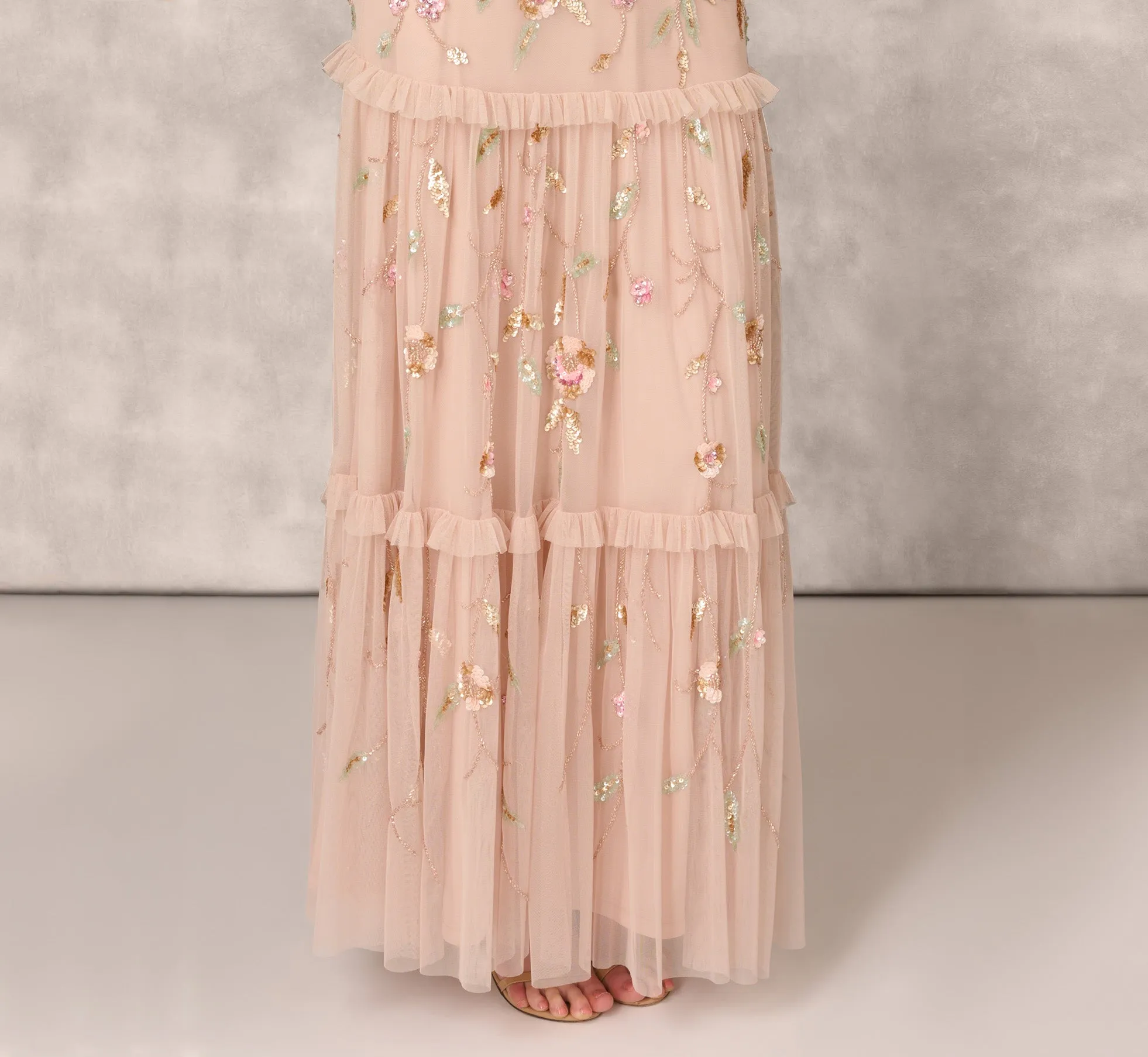 Floral Beaded Tiered Gown With Ruffle Details In Pink Multi sold by Adrianna Papell product image thumbnail 5