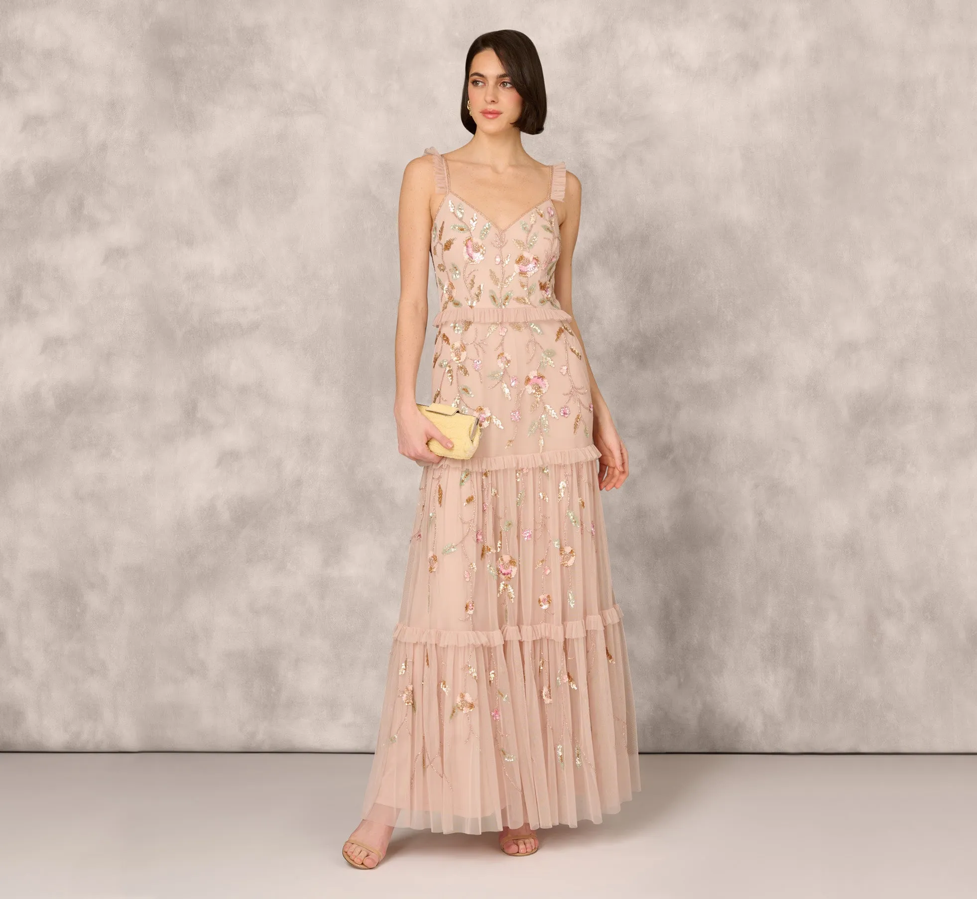 Floral Beaded Tiered Gown With Ruffle Details In Pink Multi sold by Adrianna Papell product image thumbnail 2