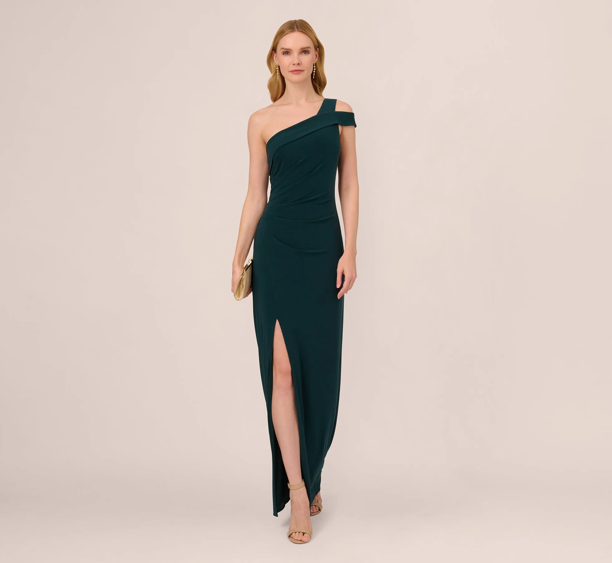 One Shoulder Column Gown With Cutout Shoulder In Hunter sold by Adrianna Papell product image thumbnail 2