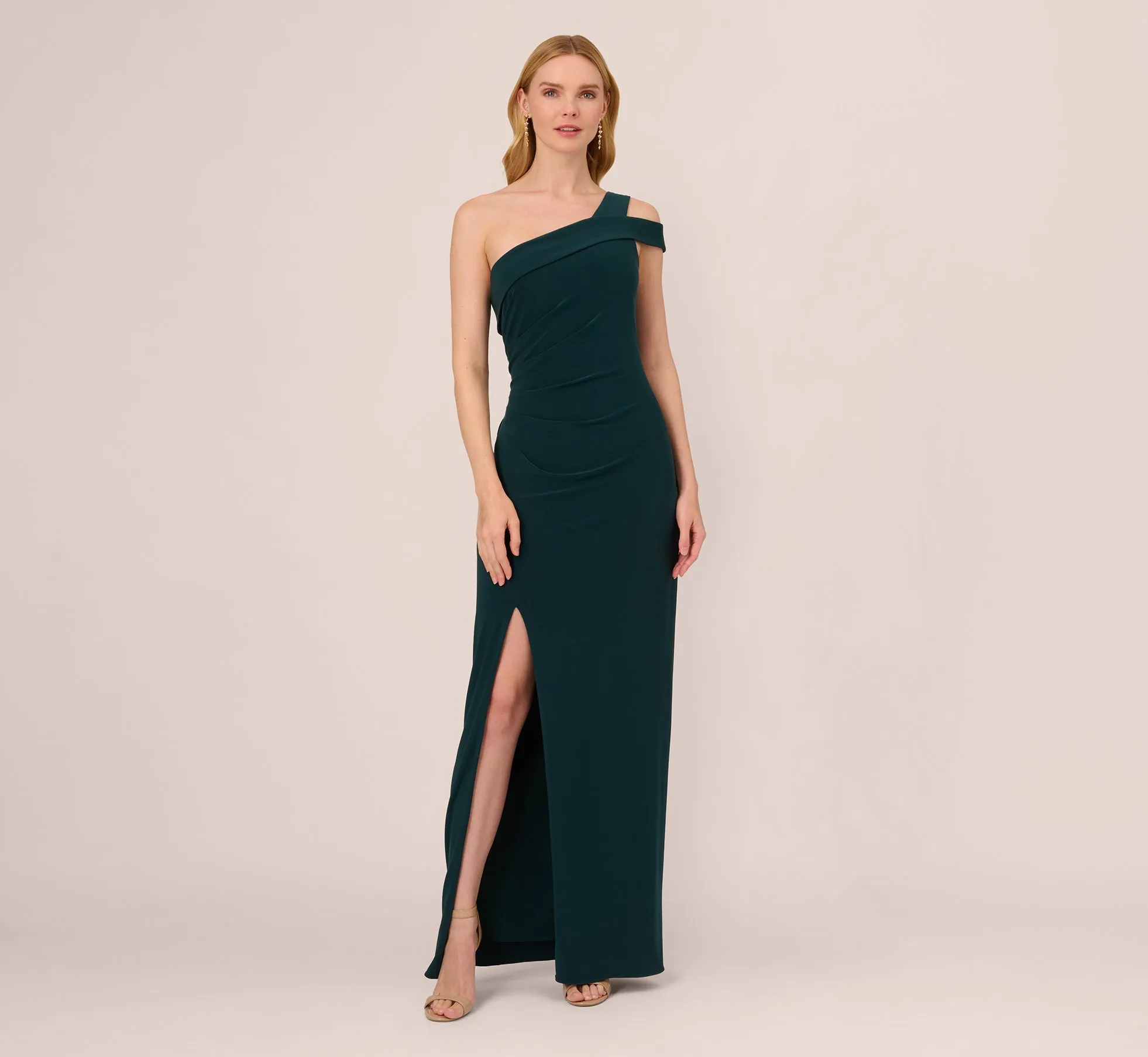 One Shoulder Column Gown With Cutout Shoulder In Hunter sold by Adrianna Papell
