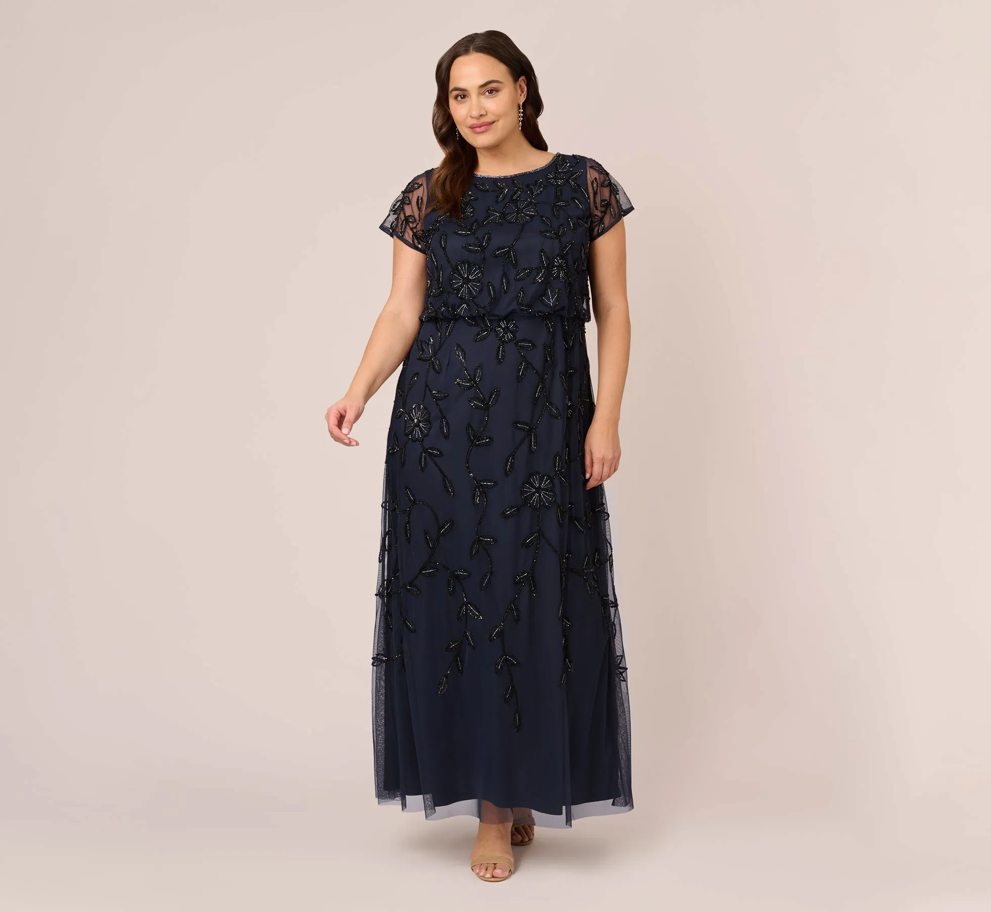 Plus Size Jasmine Beaded Blouson Gown With Sheer Short Sleeves In Navy Black sold by Adrianna Papell