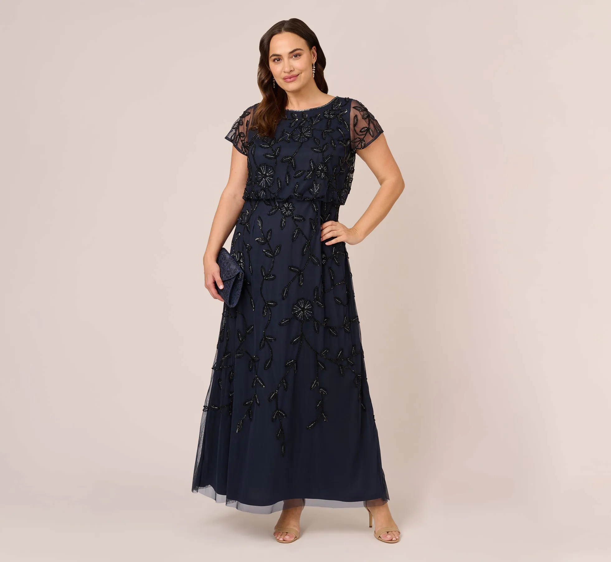 Plus Size Jasmine Beaded Blouson Gown With Sheer Short Sleeves In Navy Black sold by Adrianna Papell product image thumbnail 2