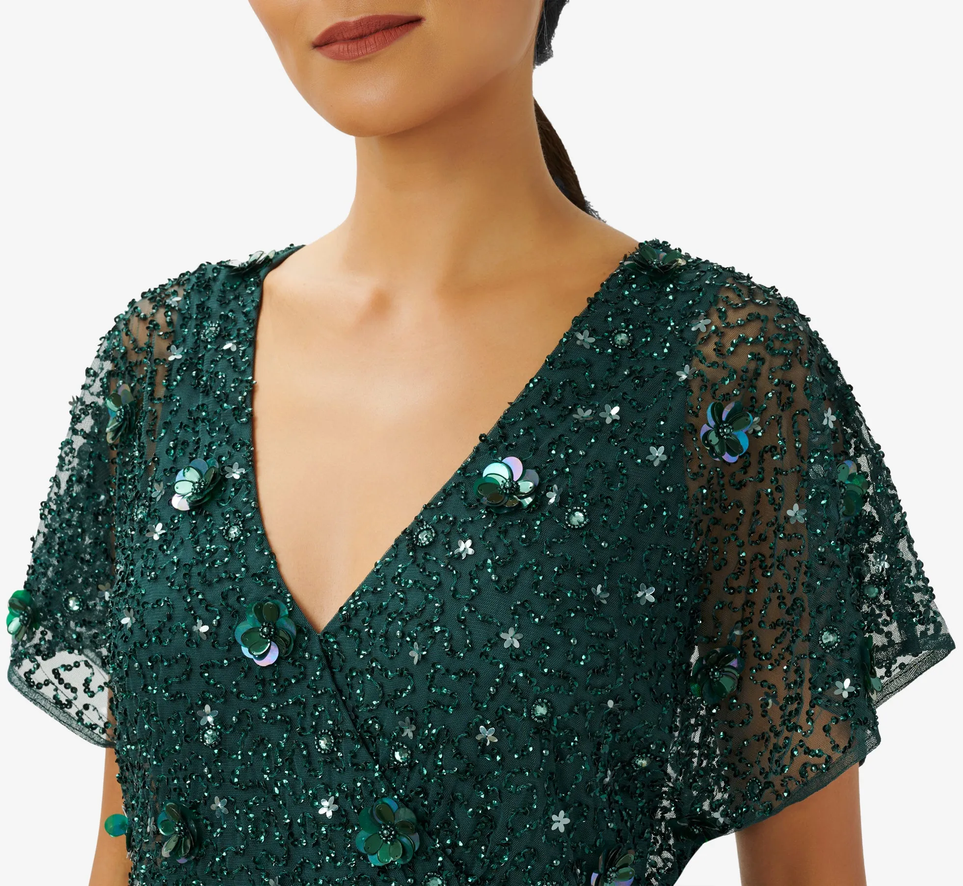 Hand-Beaded 3D Floral Blouson Long Gown In Dusty Emerald sold by Adrianna Papell product image thumbnail 4