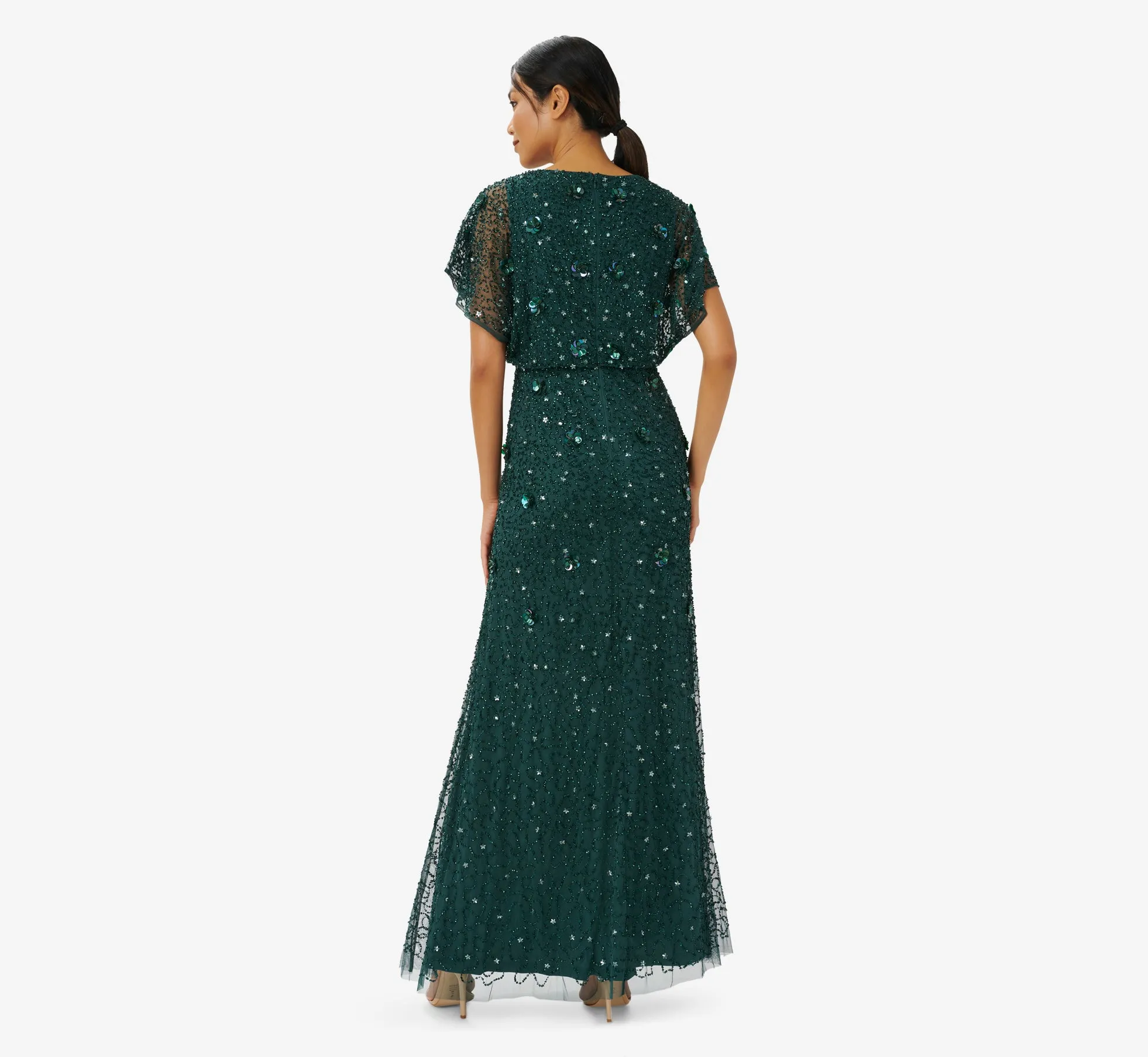 Hand-Beaded 3D Floral Blouson Long Gown In Dusty Emerald sold by Adrianna Papell product image thumbnail 2