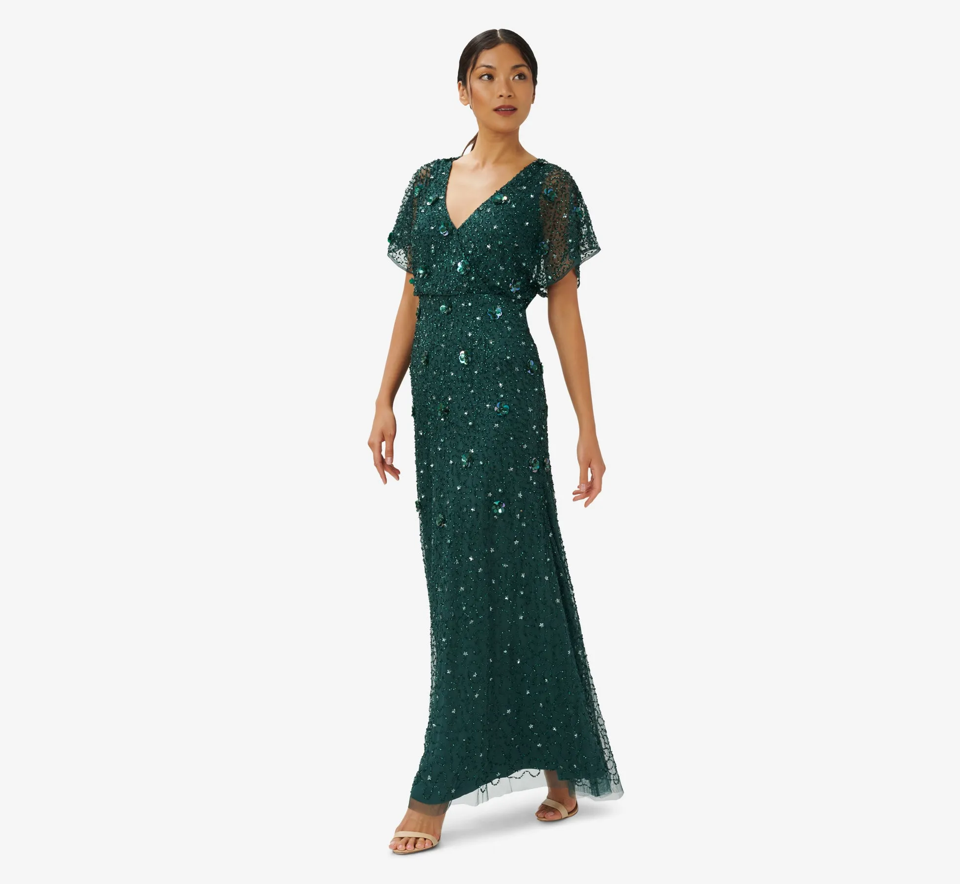 Hand-Beaded 3D Floral Blouson Long Gown In Dusty Emerald sold by Adrianna Papell product image thumbnail 3