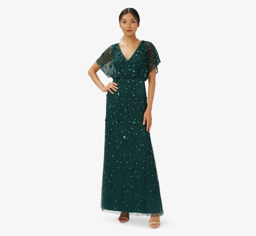 Hand-Beaded 3D Floral Blouson Long Gown In Dusty Emerald sold by Adrianna Papell