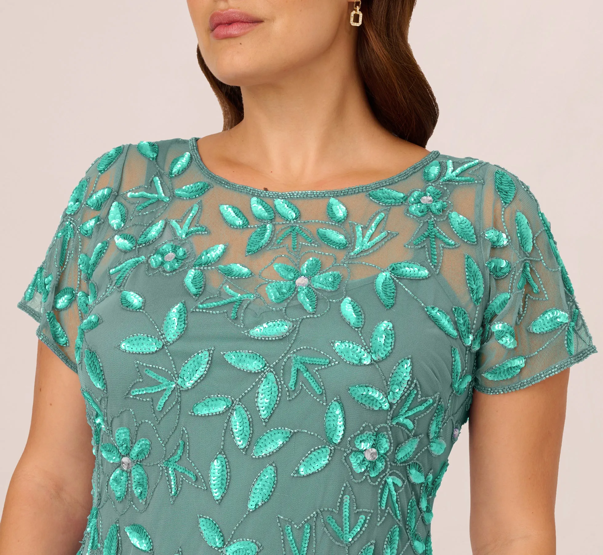 Plus Size Hand Beaded Short Sleeve Floral Godet Gown In Green Slate sold by Adrianna Papell product image thumbnail 3