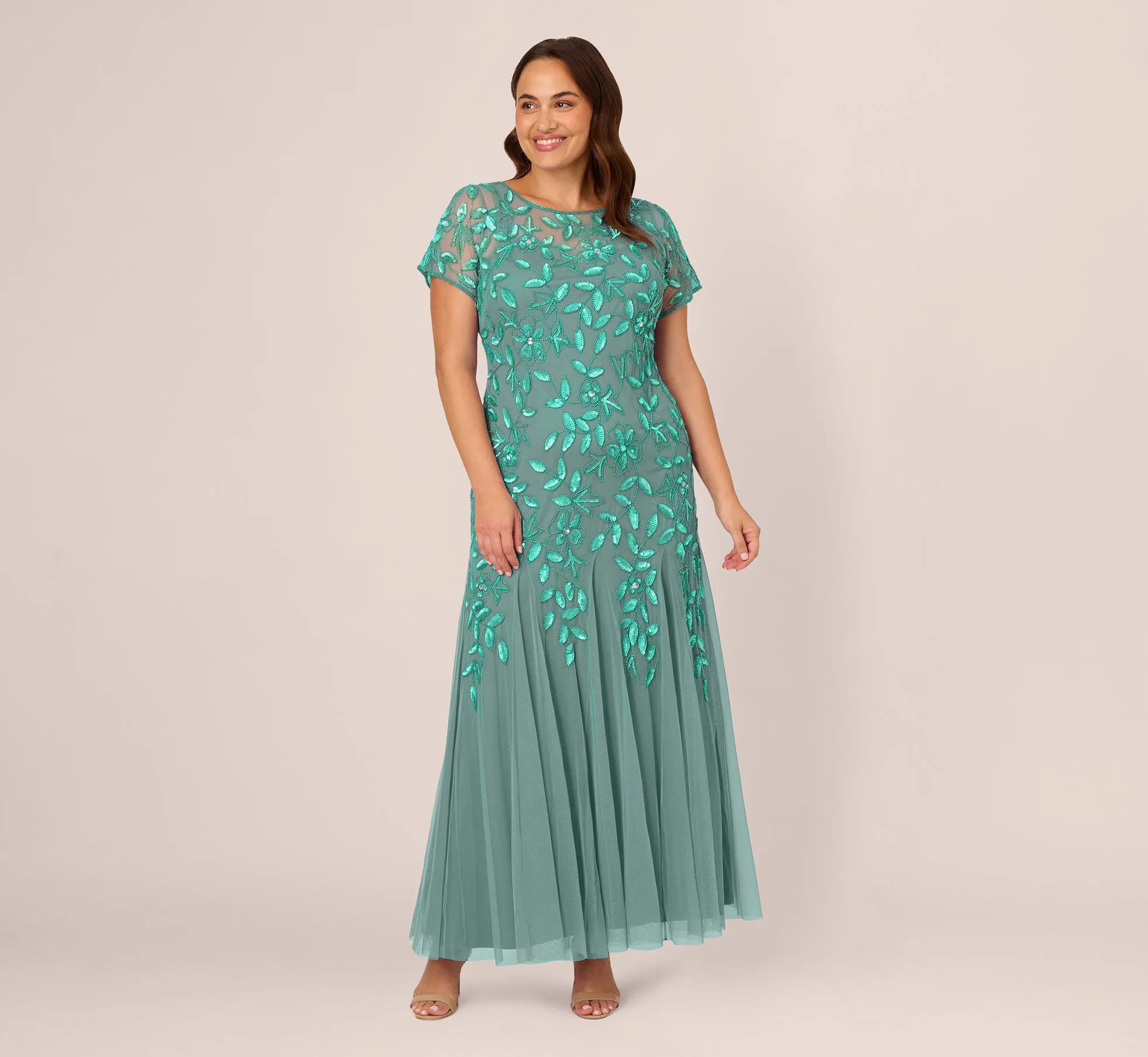 Plus Size Hand Beaded Short Sleeve Floral Godet Gown In Green Slate sold by Adrianna Papell