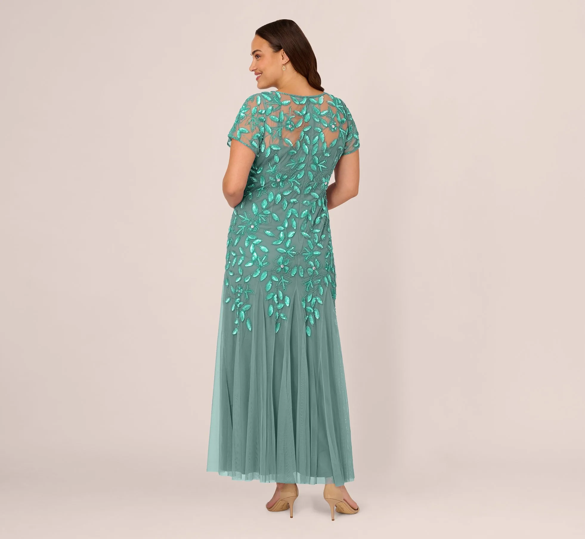 Plus Size Hand Beaded Short Sleeve Floral Godet Gown In Green Slate sold by Adrianna Papell product image thumbnail 5