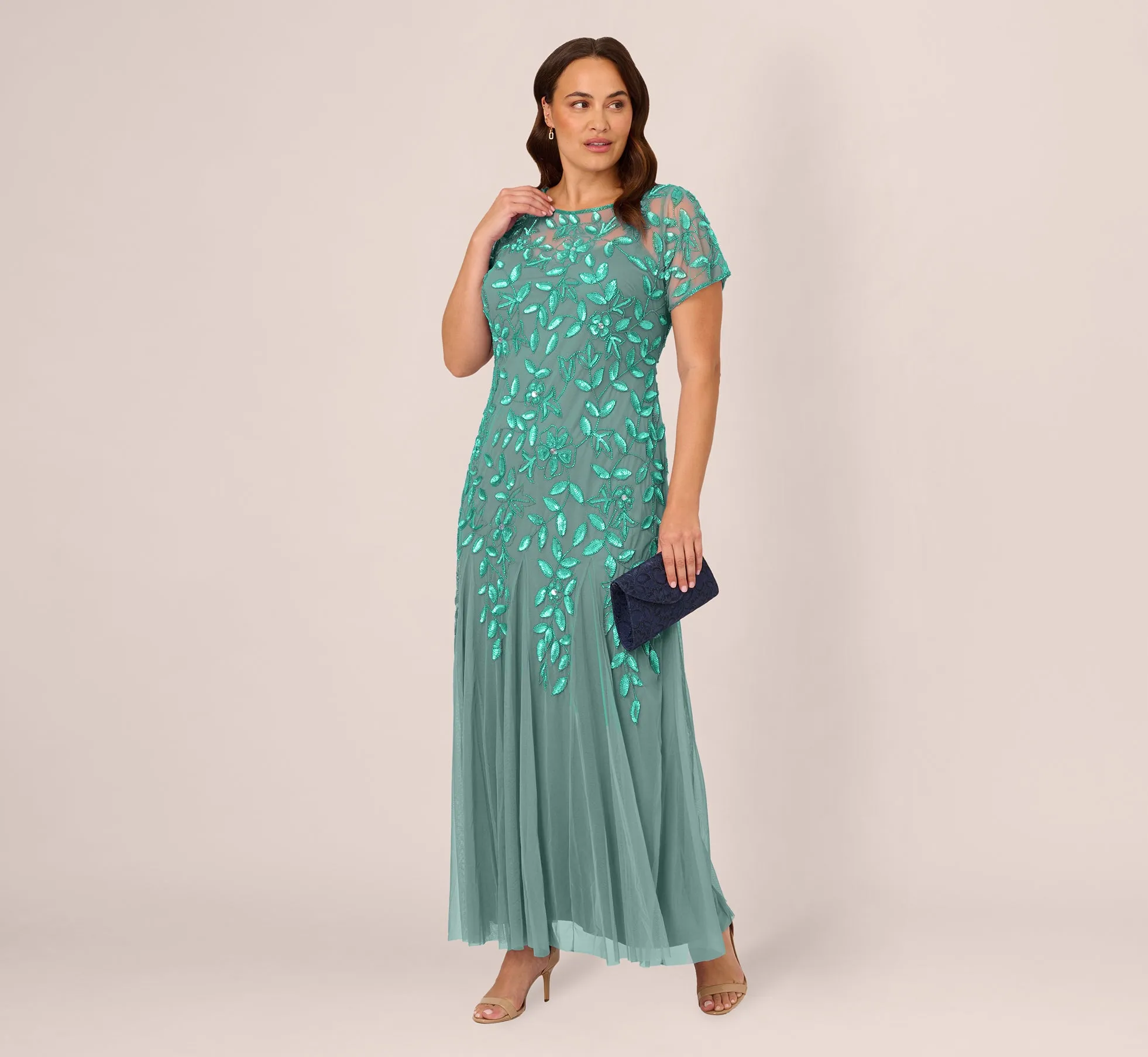 Plus Size Hand Beaded Short Sleeve Floral Godet Gown In Green Slate sold by Adrianna Papell product image thumbnail 2