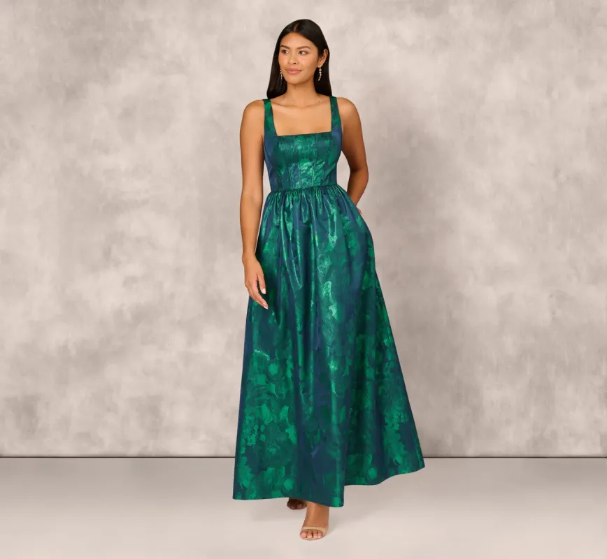 Lame Satin Jacquard Gown With Square Neckline In Dark Ivy sold by Adrianna Papell
