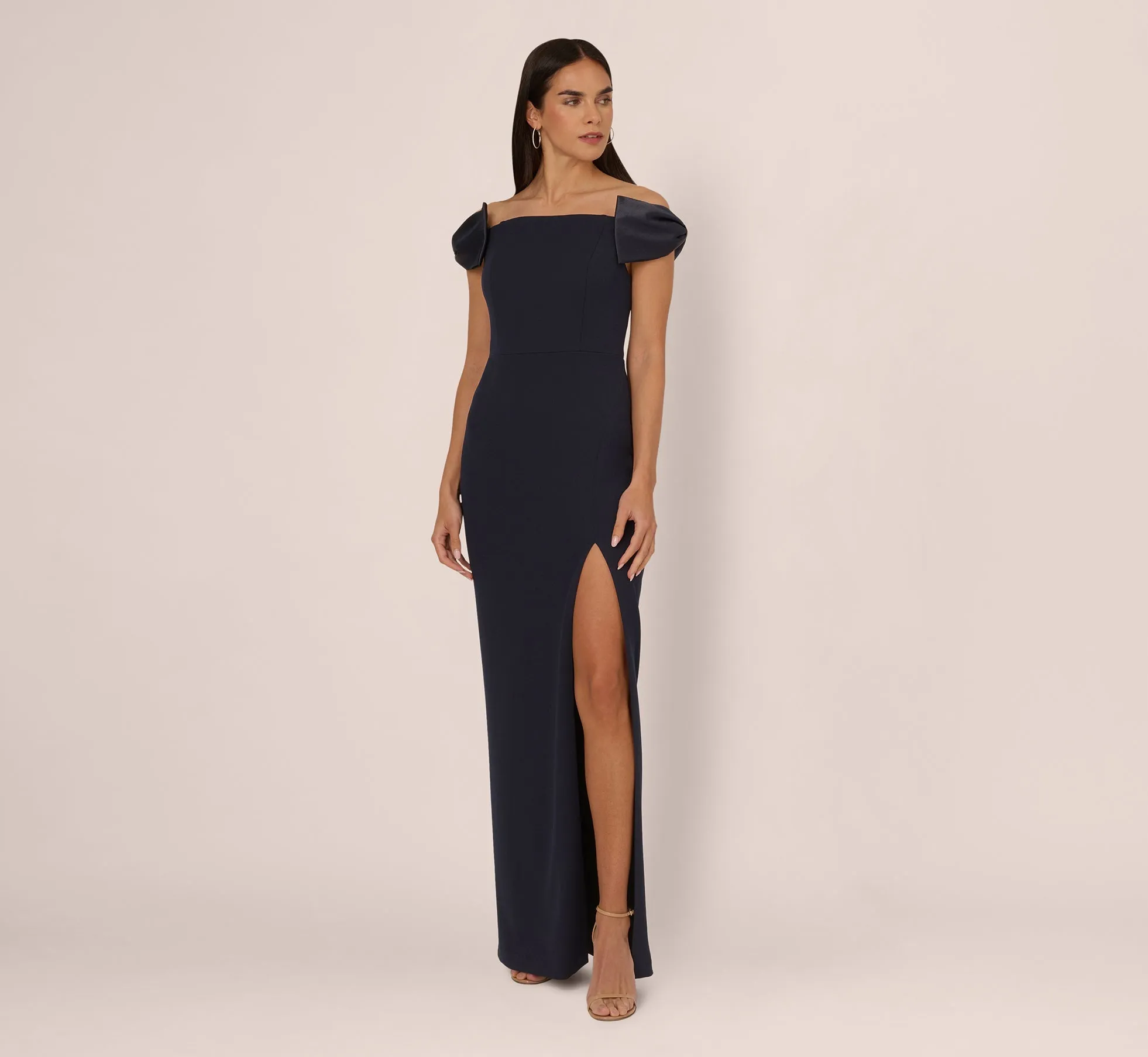 Off The Shoulder Crepe Column Gown With Bow Accents In Twilight sold by Adrianna Papell