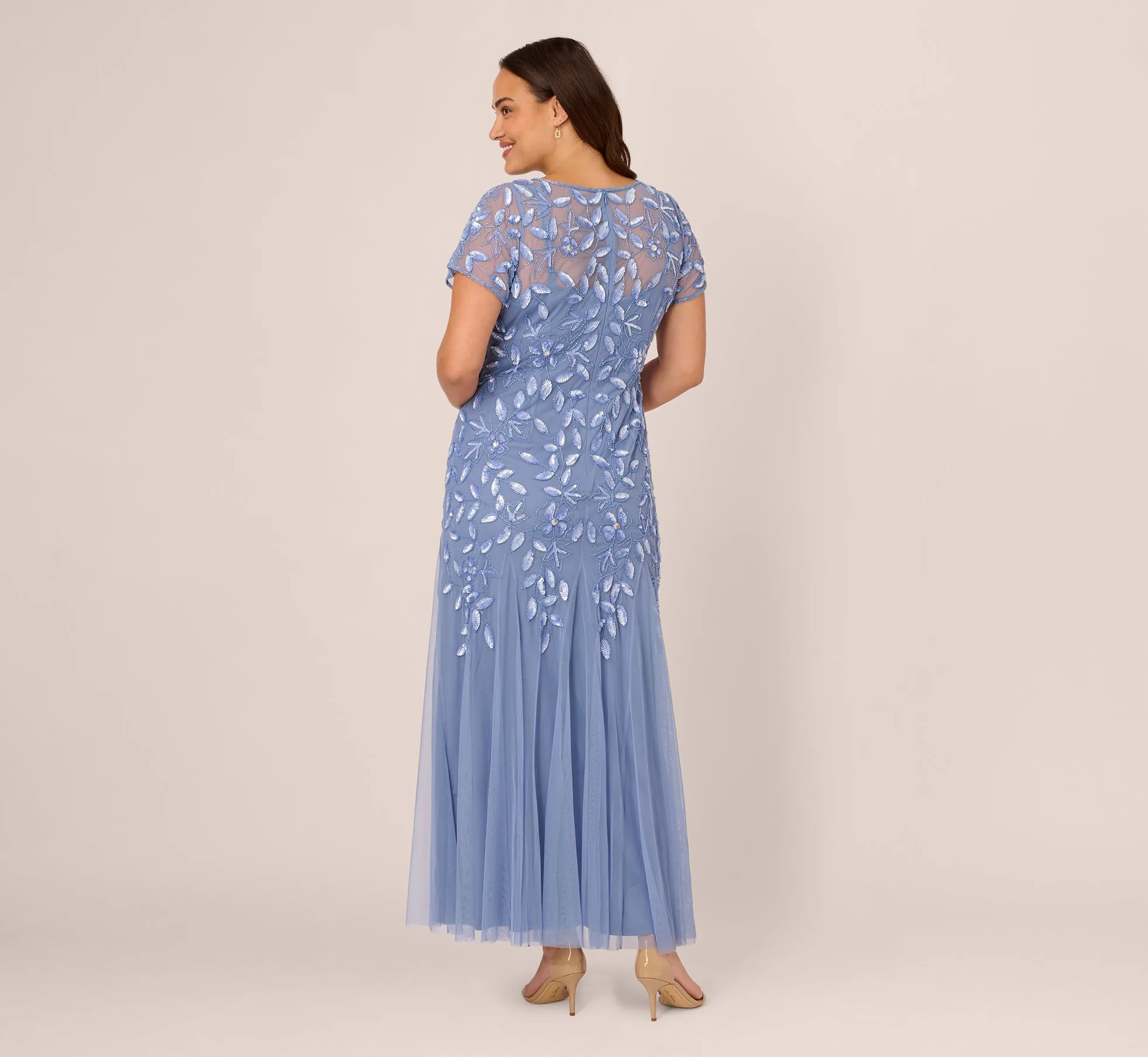 Plus Size Hand Beaded Short Sleeve Floral Godet Gown In French Blue sold by Adrianna Papell product image thumbnail 4