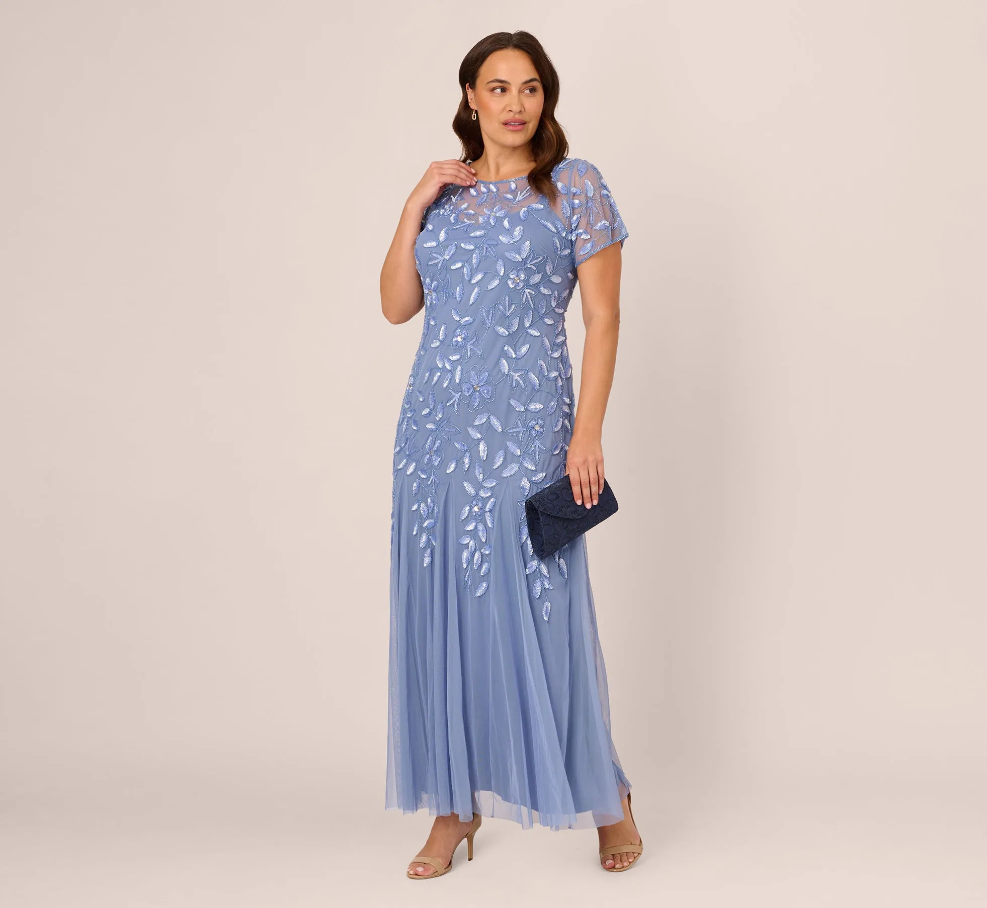 Plus Size Hand Beaded Short Sleeve Floral Godet Gown In French Blue sold by Adrianna Papell product image thumbnail 2