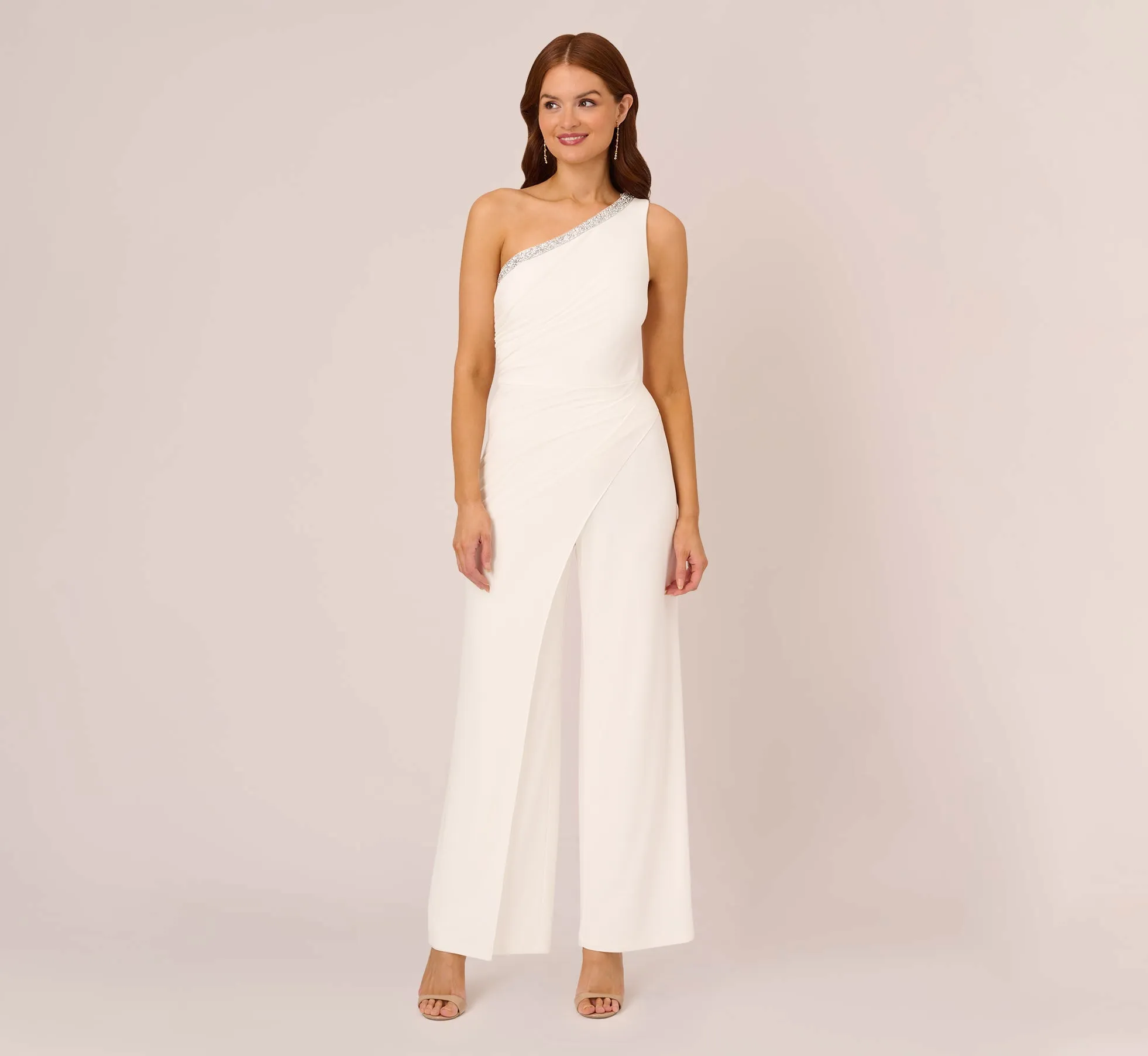 Beaded One-Shoulder Matte Jersey Jumpsuit In Ivory sold by Adrianna Papell product image thumbnail 2