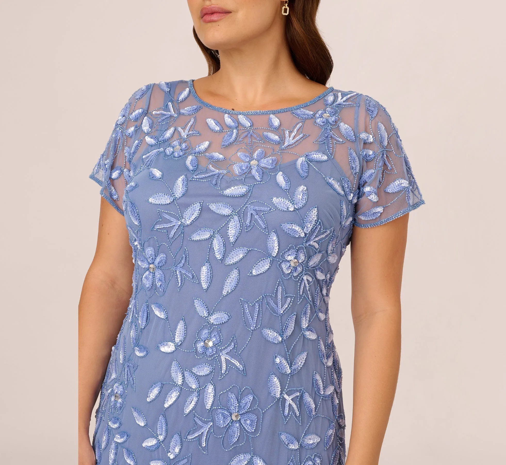 Plus Size Hand Beaded Short Sleeve Floral Godet Gown In French Blue sold by Adrianna Papell product image thumbnail 3