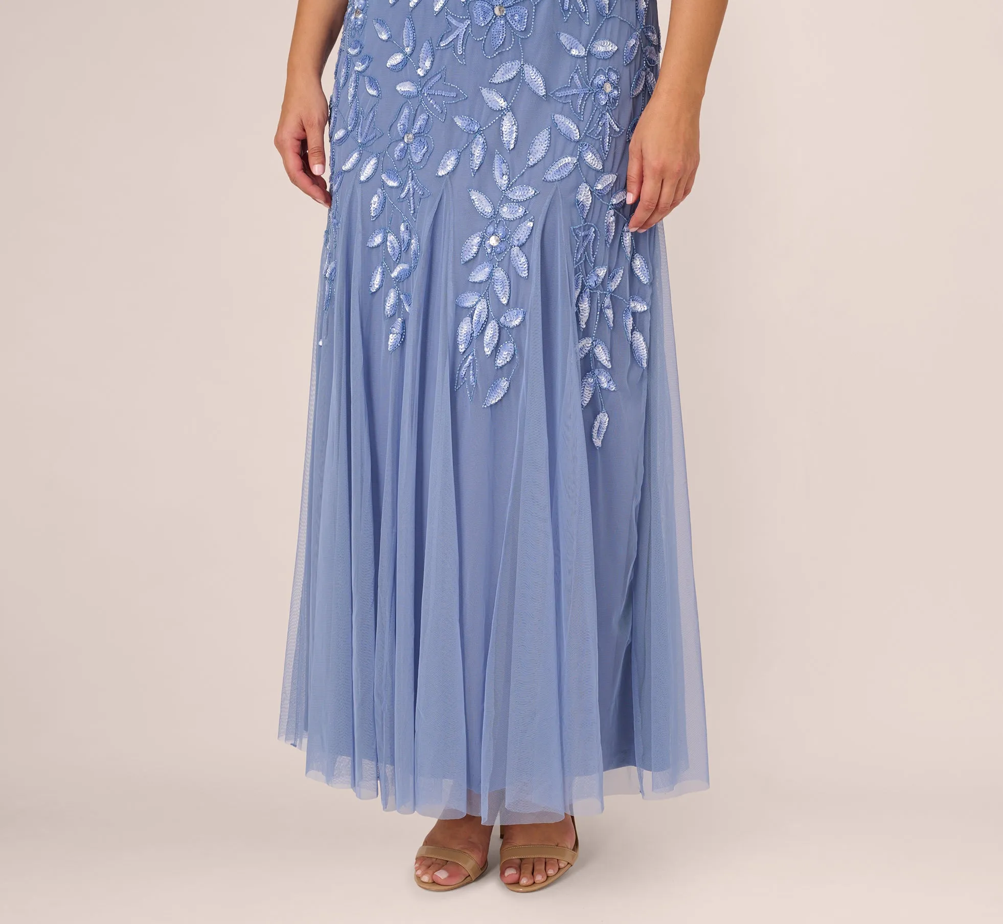 Plus Size Hand Beaded Short Sleeve Floral Godet Gown In French Blue sold by Adrianna Papell product image thumbnail 5