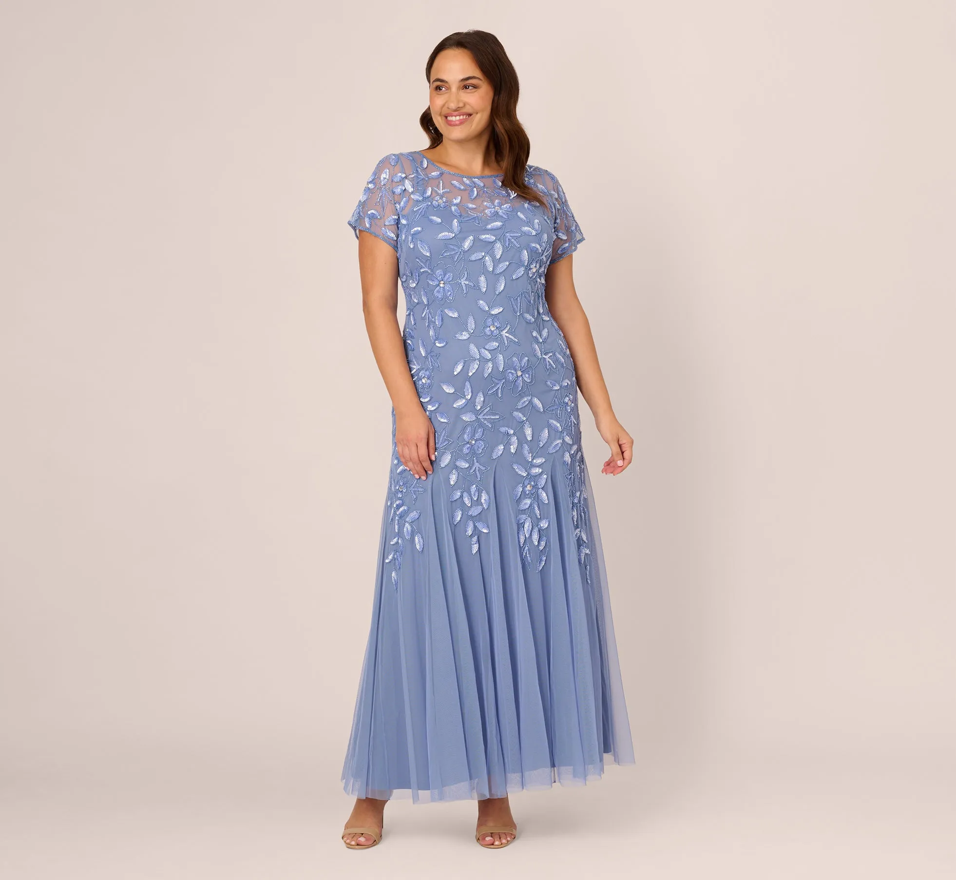 Plus Size Hand Beaded Short Sleeve Floral Godet Gown In French Blue sold by Adrianna Papell