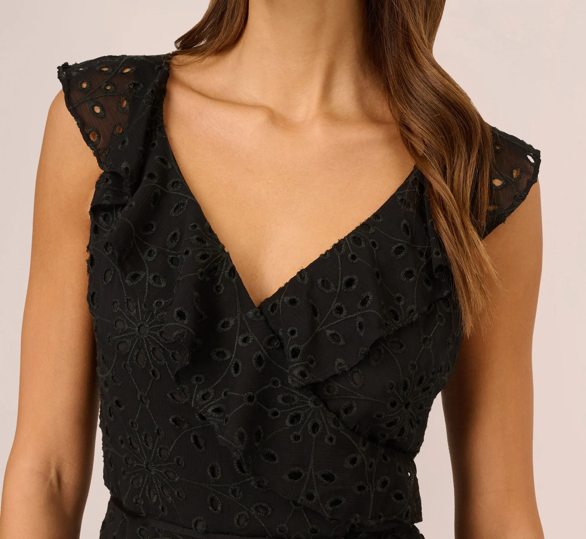 Eyelet Faux Wrap Midi Dress With Ruffle Details In Black sold by Adrianna Papell product image thumbnail 4