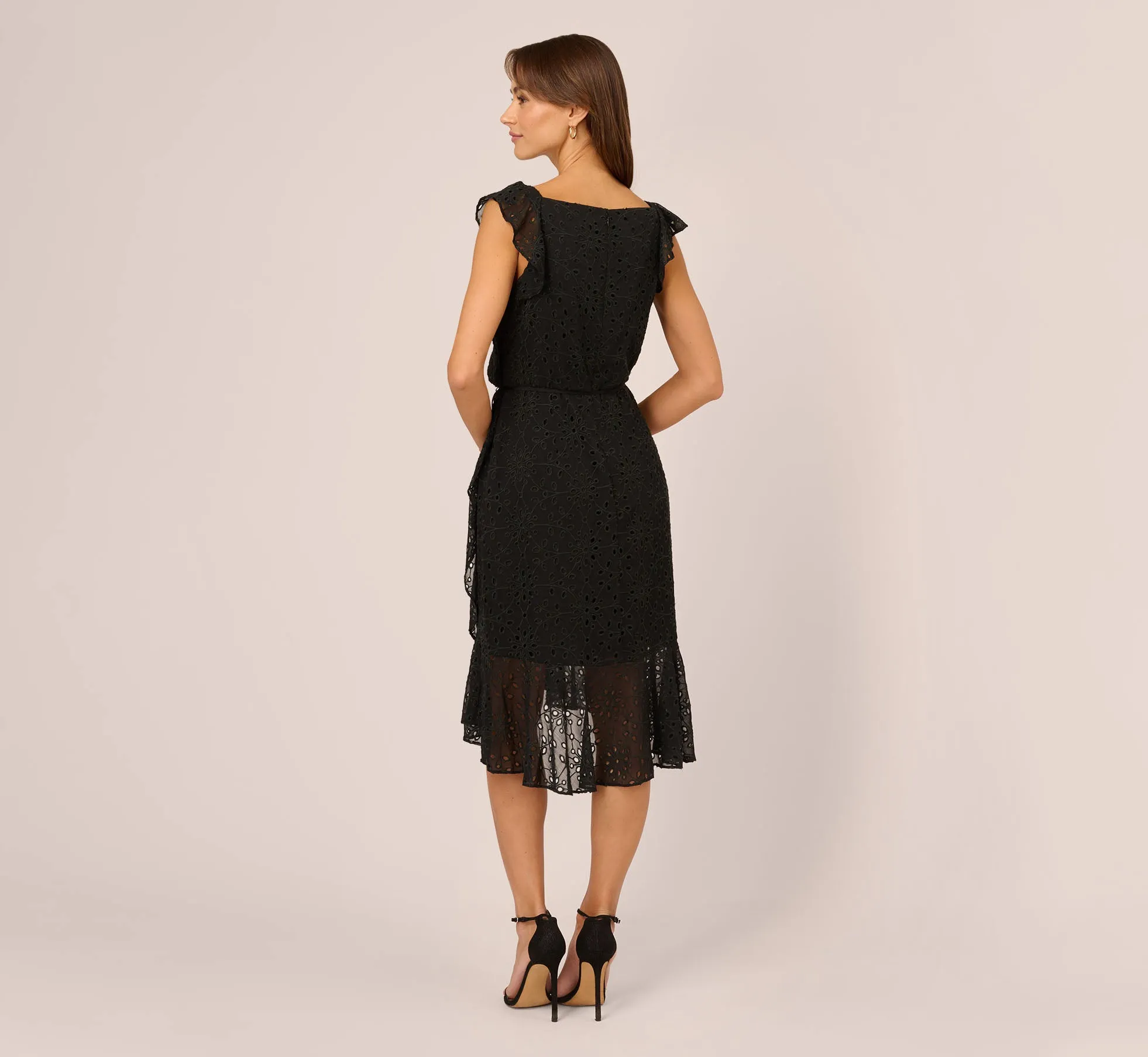 Eyelet Faux Wrap Midi Dress With Ruffle Details In Black sold by Adrianna Papell product image thumbnail 5