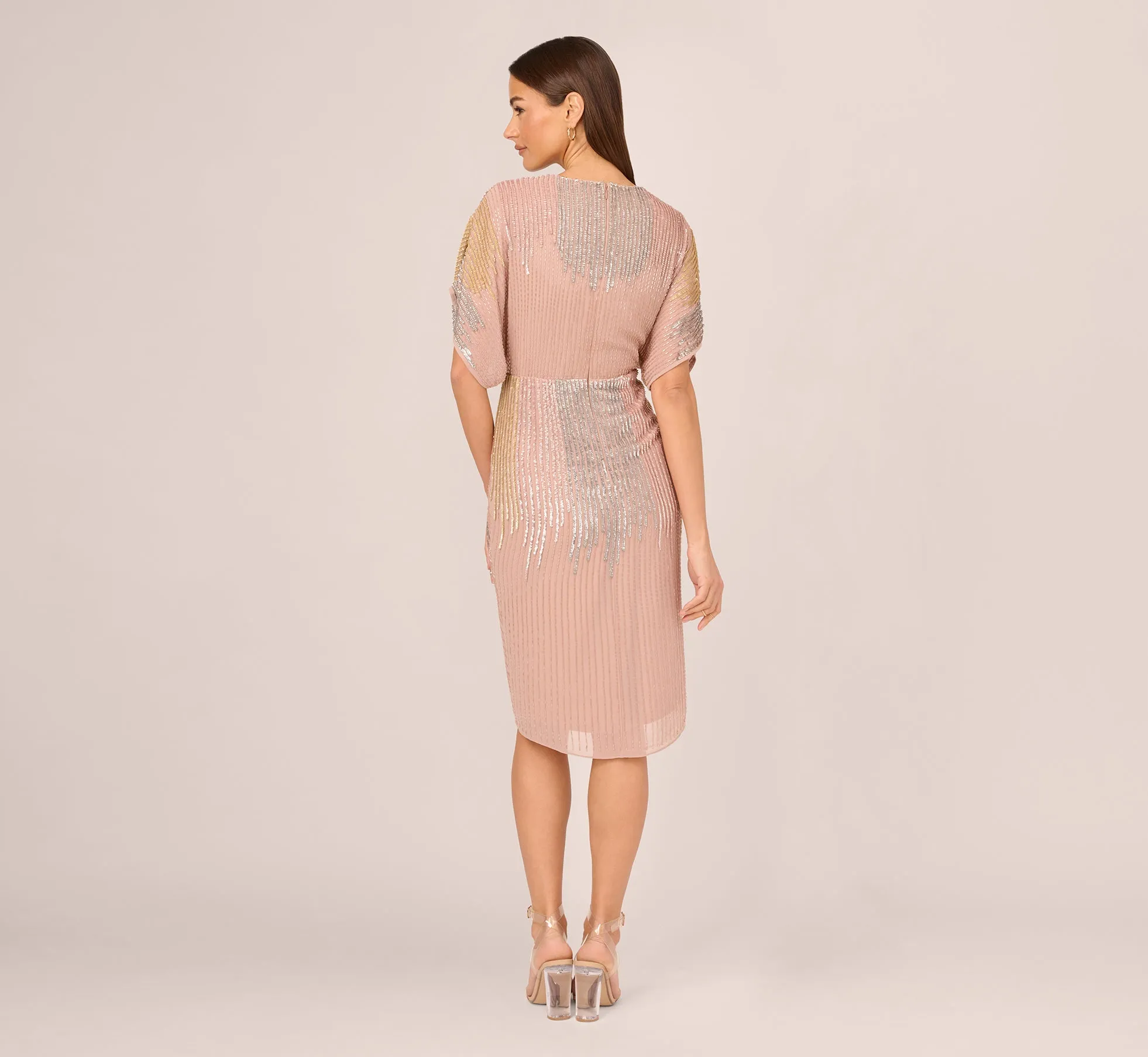 Beaded Faux Wrap Dress With Dolman Sleeves In Rose Gold sold by Adrianna Papell product image thumbnail 4
