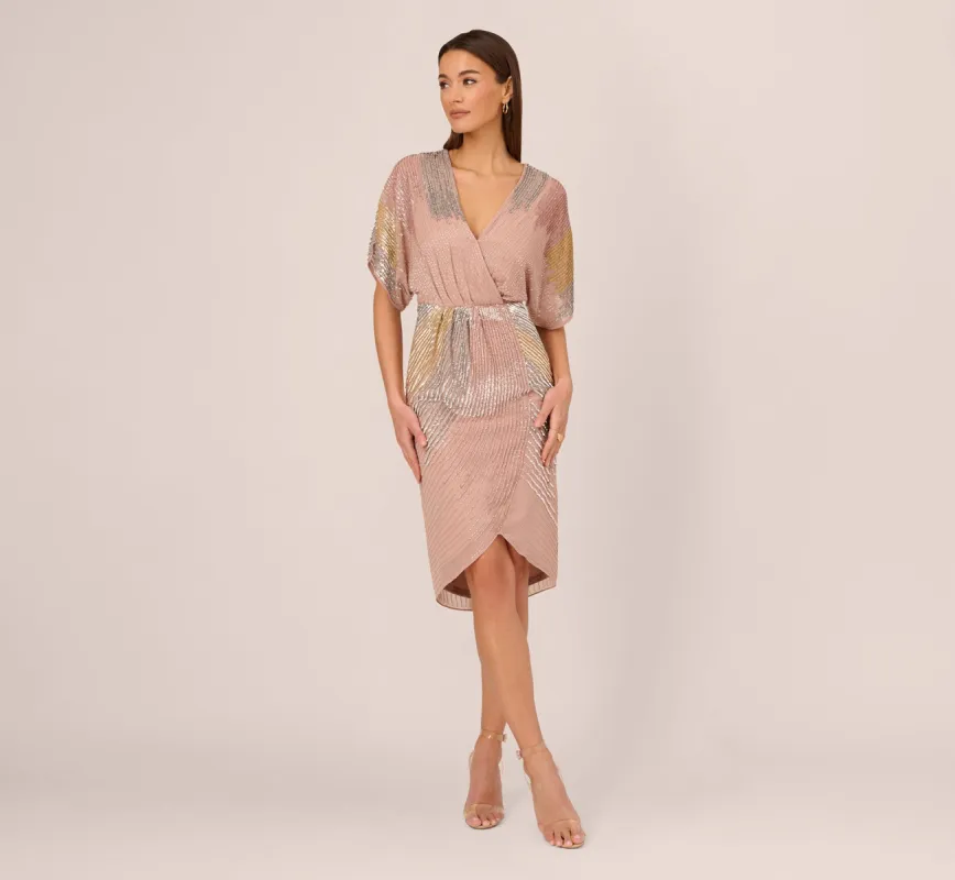 Beaded Faux Wrap Dress With Dolman Sleeves In Rose Gold sold by Adrianna Papell